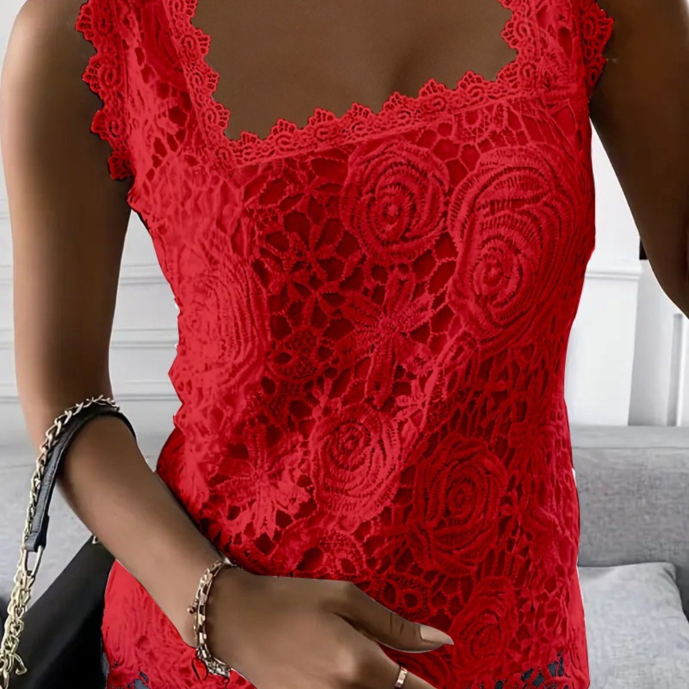 Image of Plus Size - European And Size Square Collar Lace Sleeveless Vest T-shirt Top, New Fashionable And Versatile