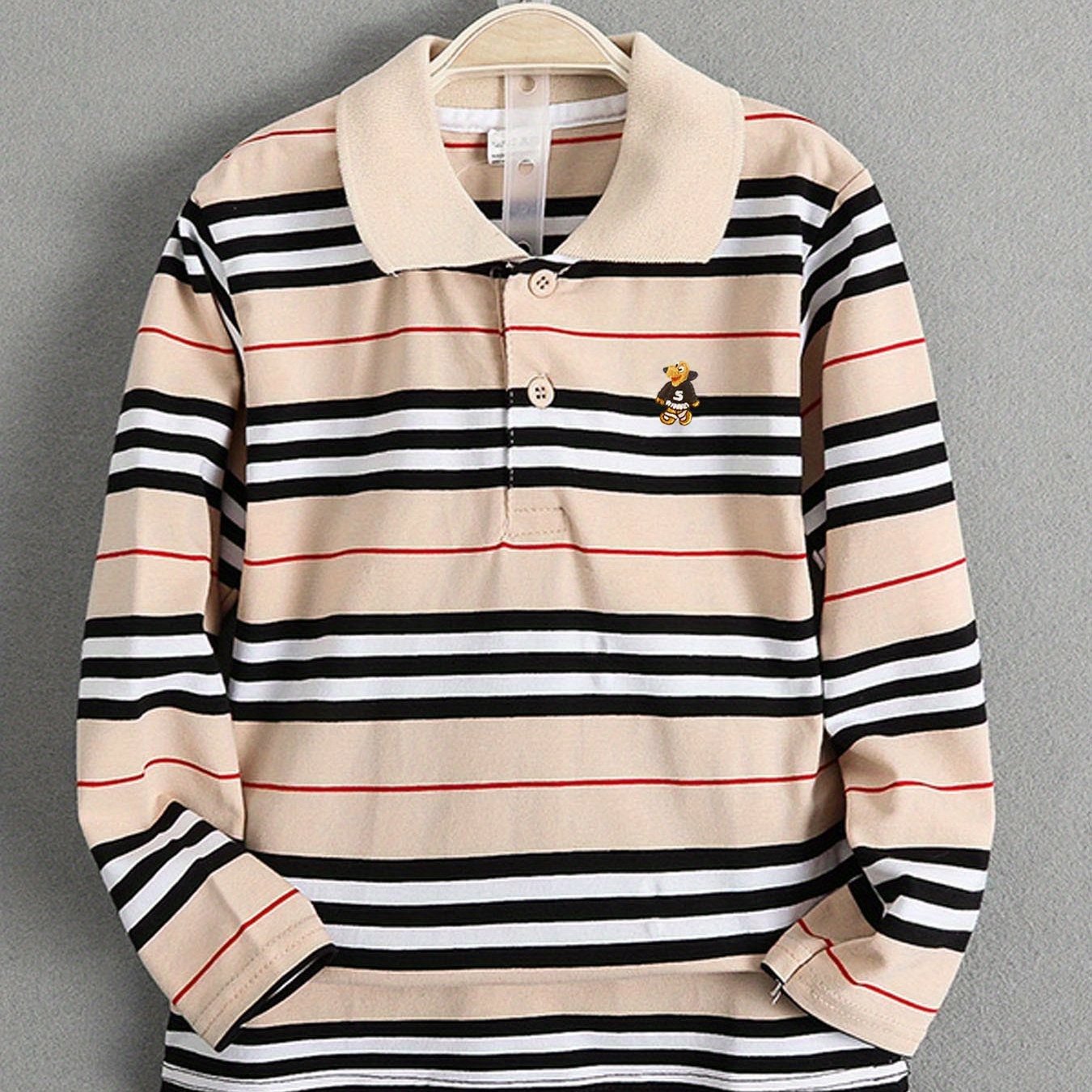 Boys' Lapel T-shirt - 100% Casual Long Sleeve Shirt For, Soft & Comfortable, Striped Pattern, Button-, Wear, Hand Or Dry Wash, Regular Fit, 3+ Years