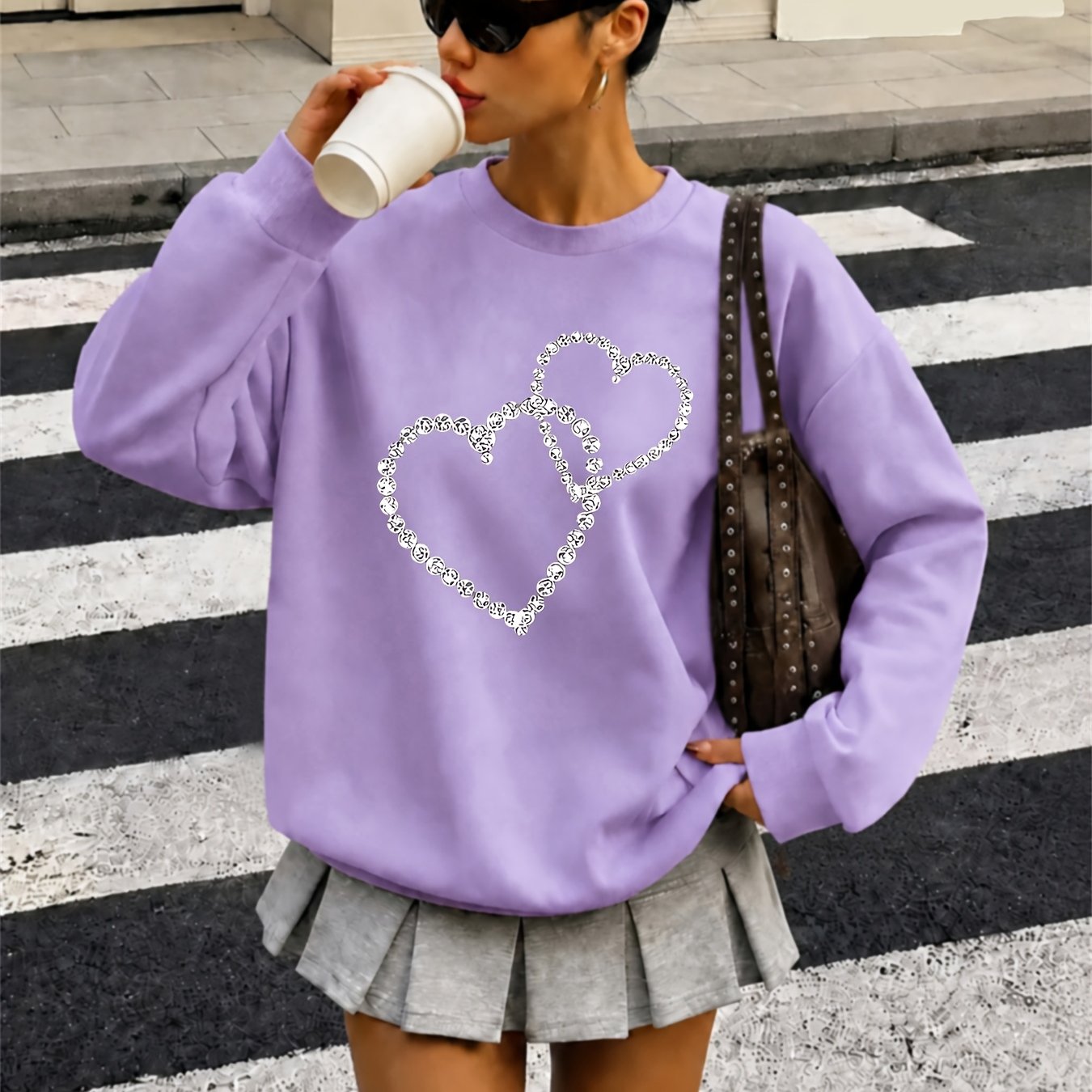 TEMU Sweat-shirt à manches longues avec imprimé cœur étincelant, col rond décontracté, pull de sport confortable toutes , coupe style streetwear,