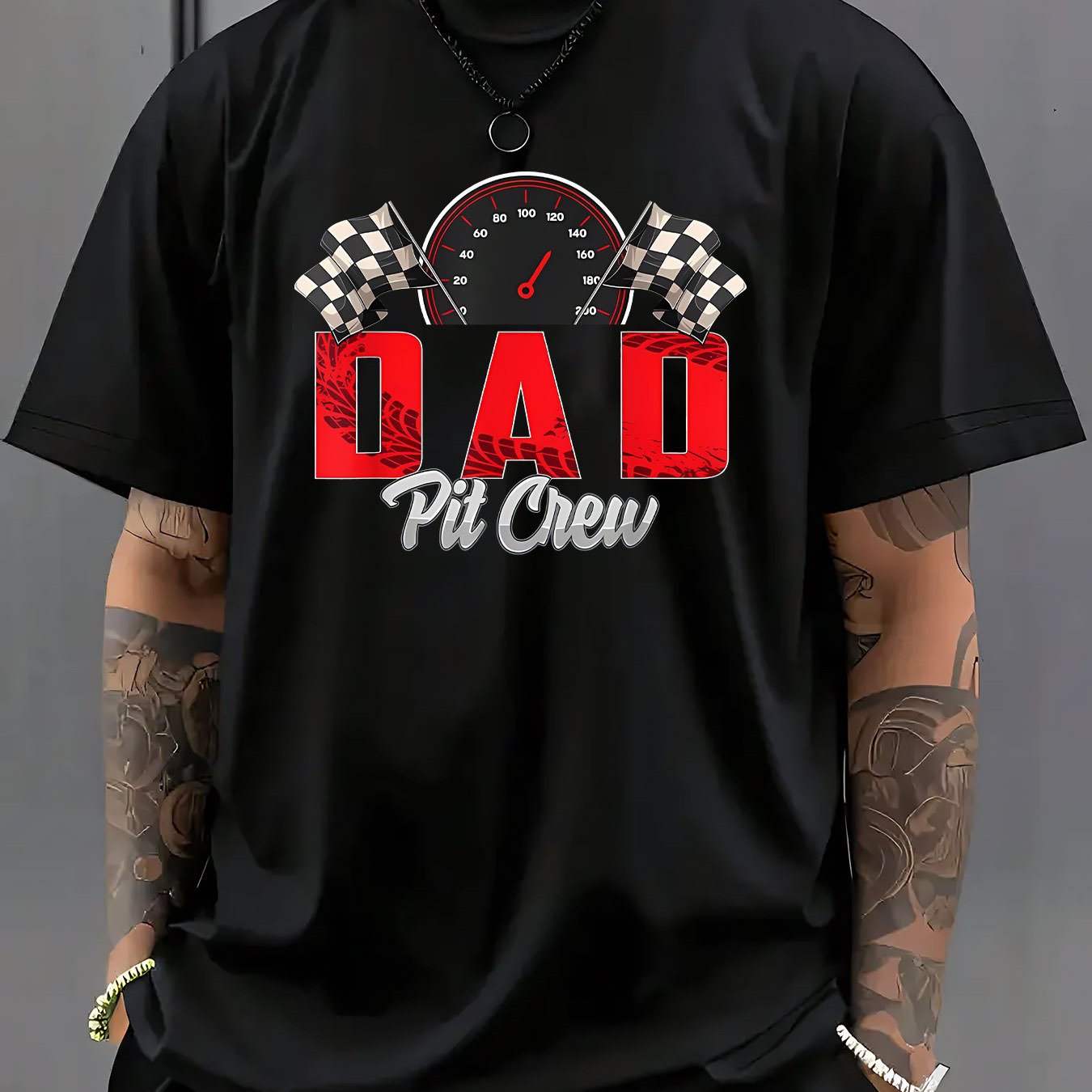 TEMU Racing Dad Repair Team Logo Print Men's Casual T-shirt, Summer Men's Round Neck Short Sleeve T-shirt, Fashionable Versatile Trendy Print Short
