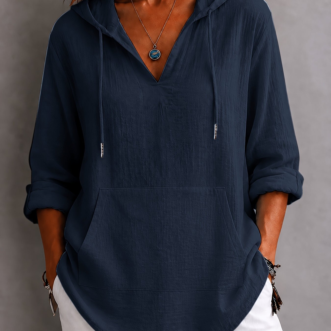 TEMU Plus Size - , New Stunning Elegant Directional Pocket Hooded Long Sleeve Versatile Women's Plus Size Shirt