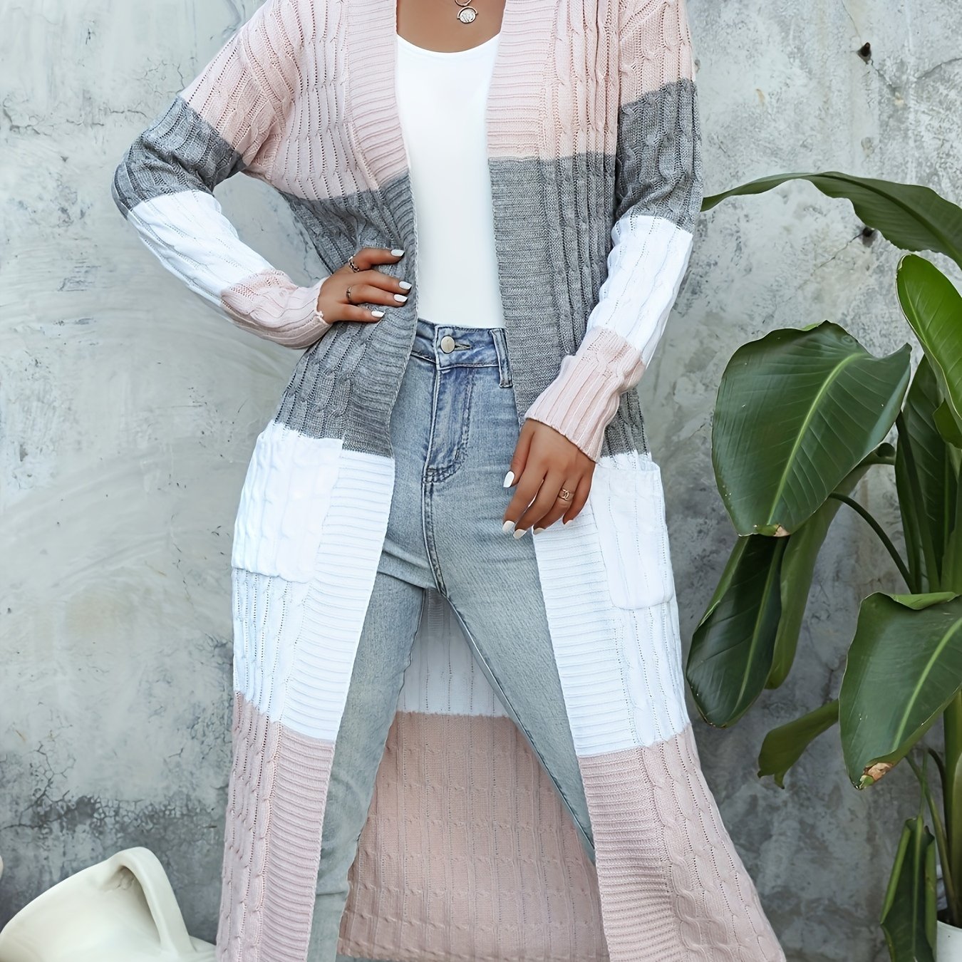 New Autumn And Winter Long Cardigan For Women With Contrasting Color Jacquard And A Large Lapel