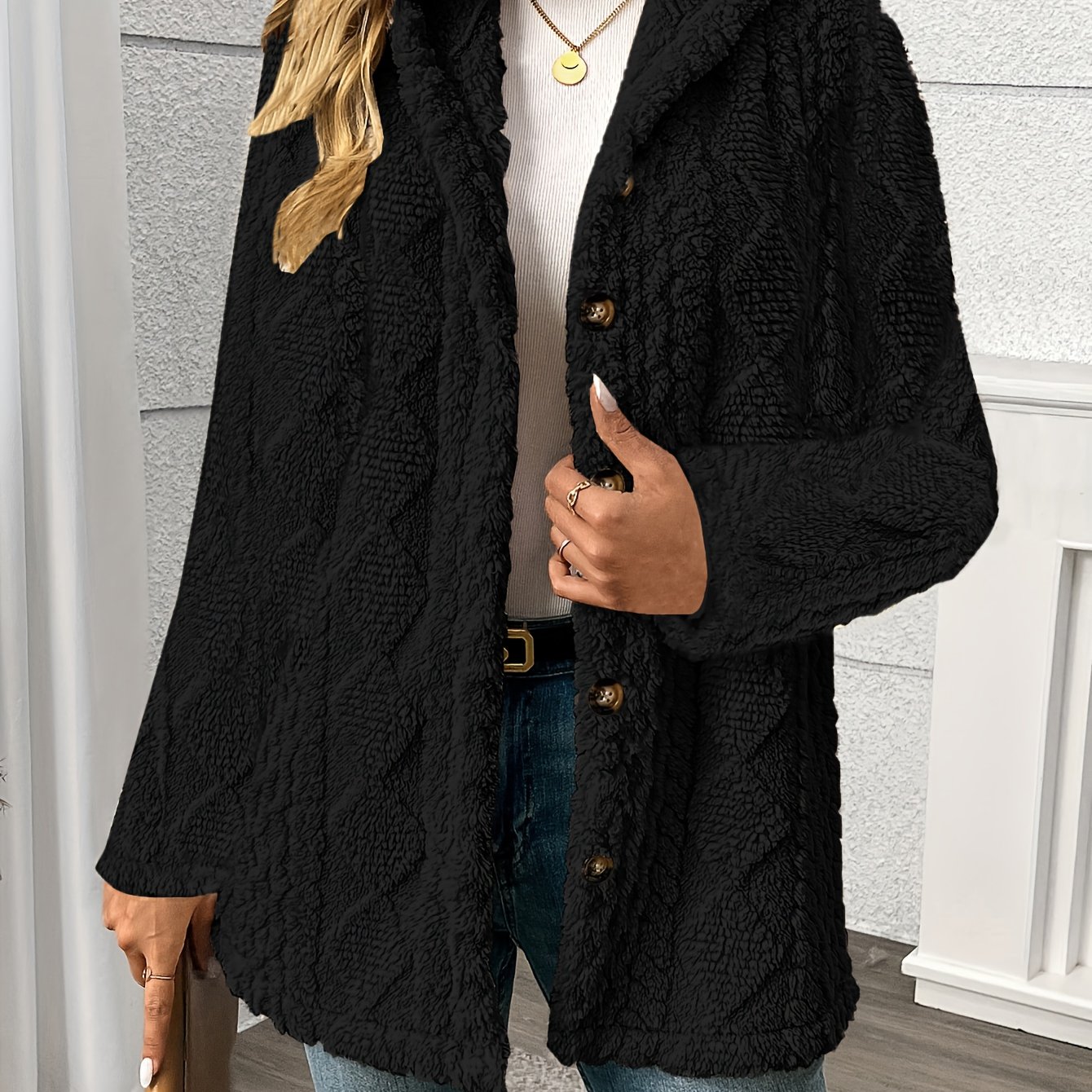 TEMU Women's New Elegant Diamond Pattern Side Decorative Button Wool Teddy Bear Coat Hooded Jacket Warm Outerwear