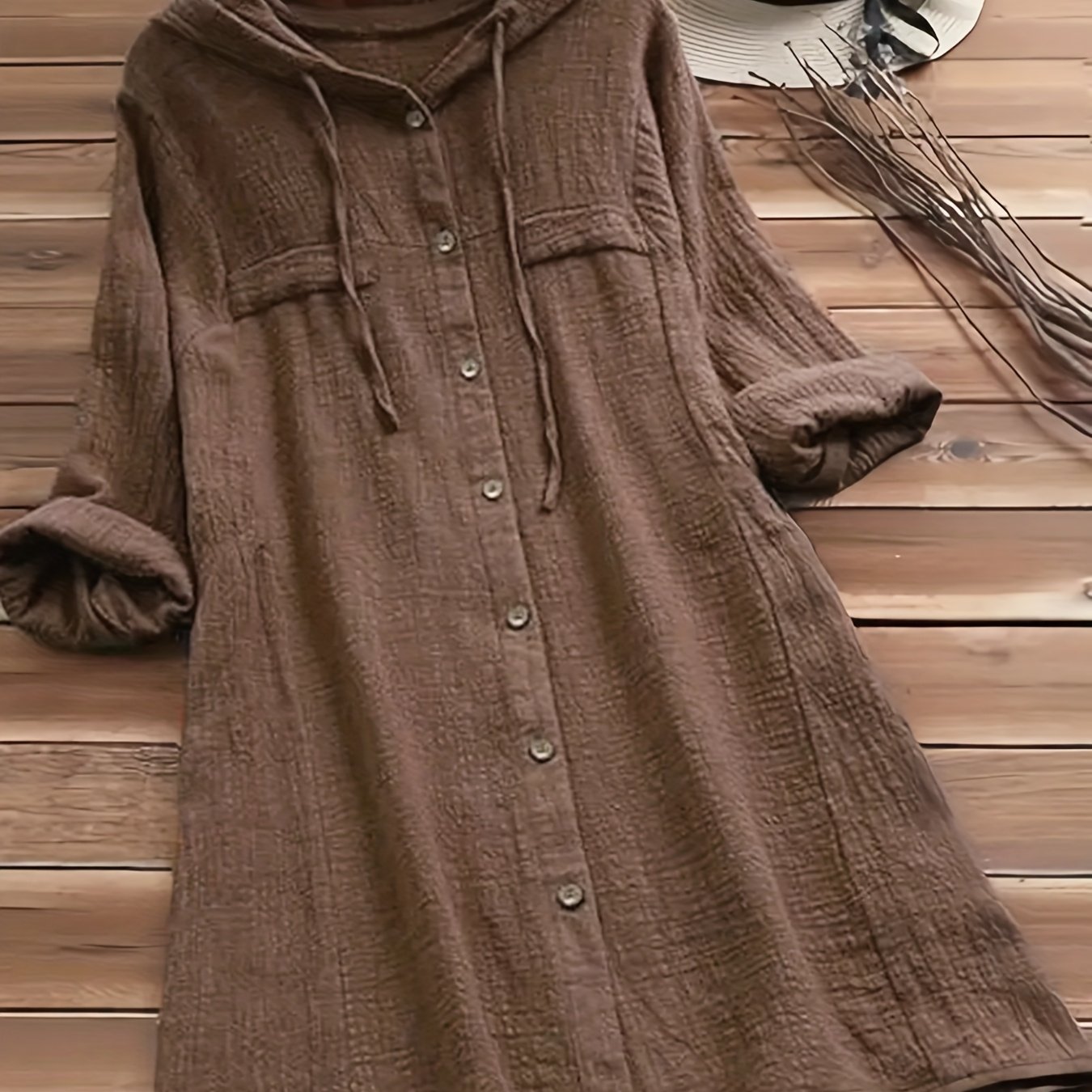 Image of Women's Elegant Solid - Button- Shirt Jacket With Hood - Long Sleeve Blouse For Casual & Professional Wear, Machine Washable, Regular Fit Outerwear