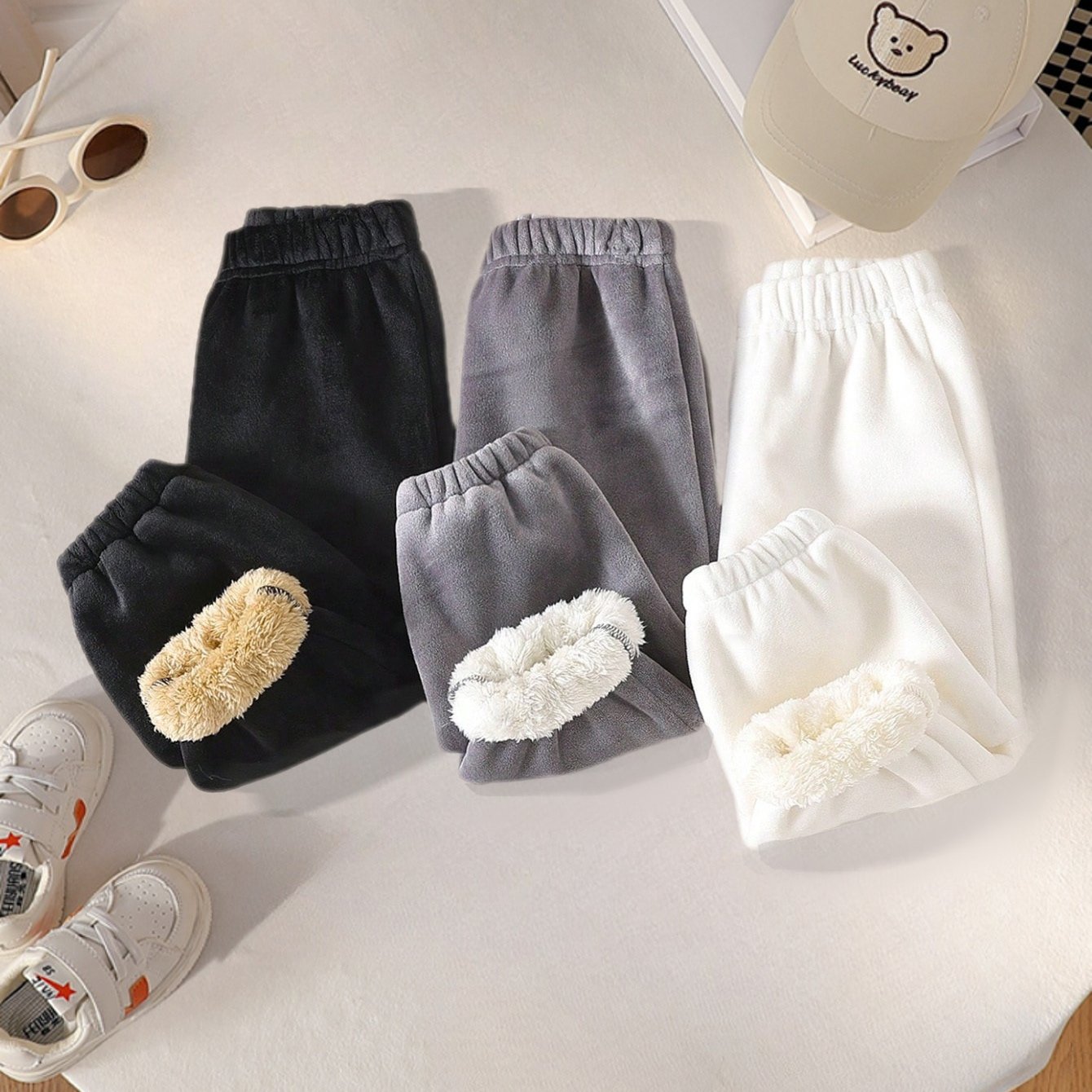 TEMU Three-piece Set Of Thickened Warm Long Single Pants For Baby Girls, Baby Girls' Clothing, Baby Products, Coral Velvet Thickened Baby Girls'