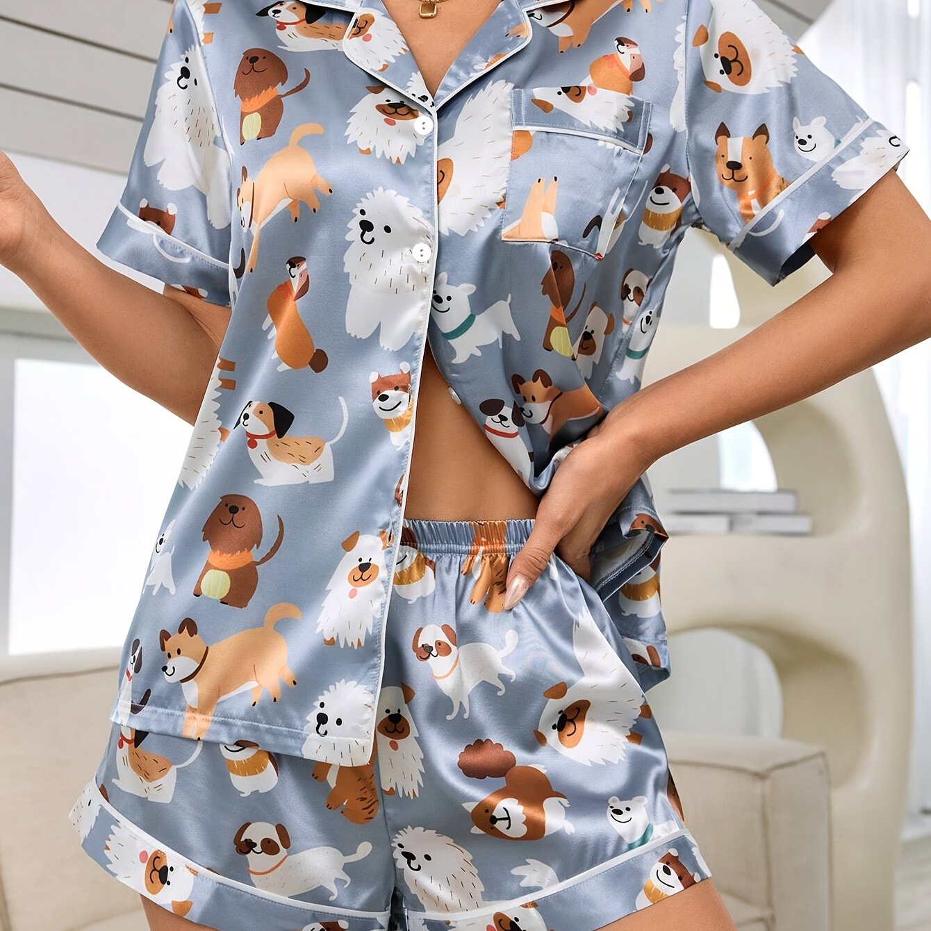 TEMU Ensemble de pyjama 2 pièces pour femmes - Imprimé chiot, style décontracté et confortable avec poches, haut à manches courtes et short, vêtement