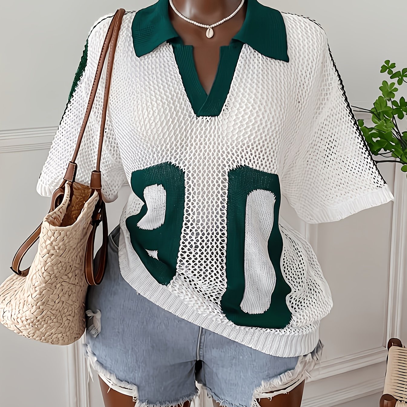 TEMU Plus Size - Plus Size - 2026 New European And Size College Style Mesh T-shirt, Color Block Collar Summer Hollow Loose Short Sleeve Top