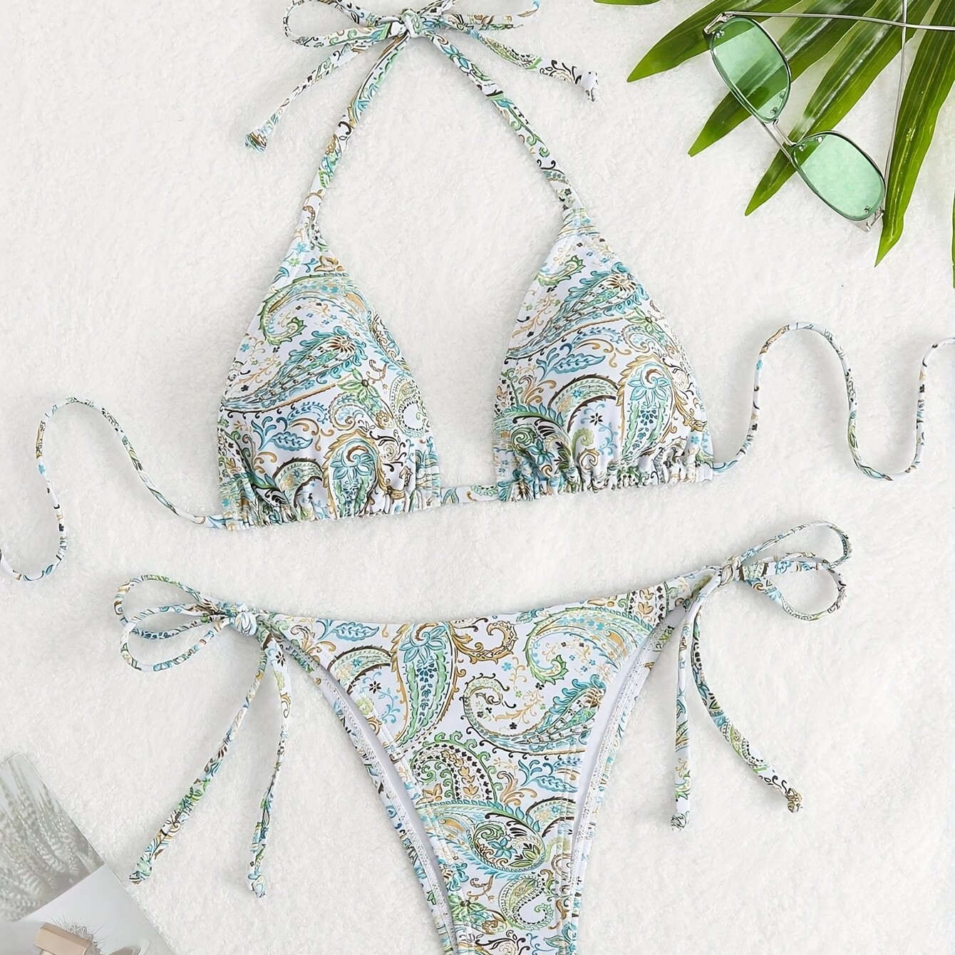2025 Swimsuit Bikini Set Backless Ribbon Halter And Random Pattern Split Piece Suitable For Summer Beach