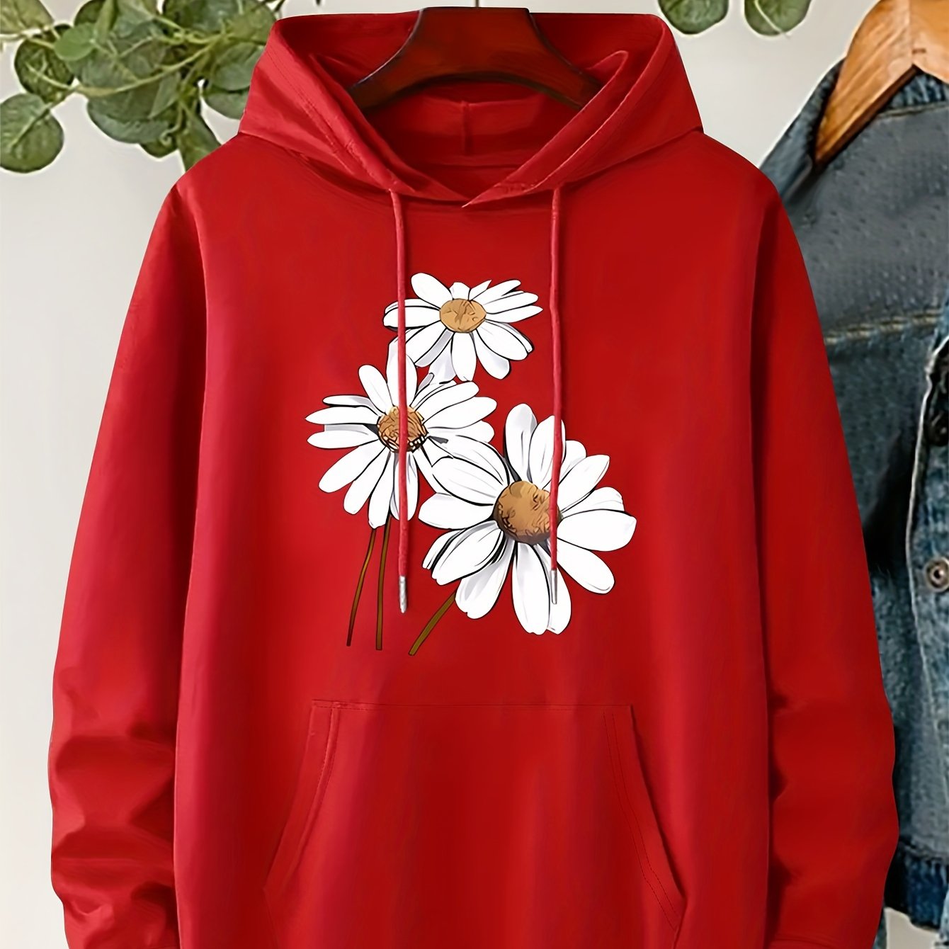 TEMU Plus Size Floral Print Hoodie, Casual Drawstring Hooded Long Sleeve Kangaroo Pocket Sweatshirt For Fall & Winter, Women's Plus Size Clothing