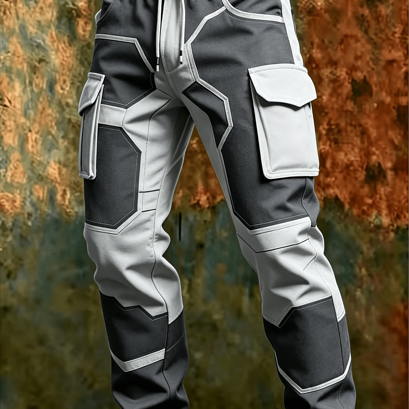 Image of Plus-size Men's Blue And - Cargo Pants, Featuring An Elastic Drawstring Waist And Multiple Pockets, Versatile Jogger Pants Suitable For Daily Commuting And Outdoor Leisure, Plus Size