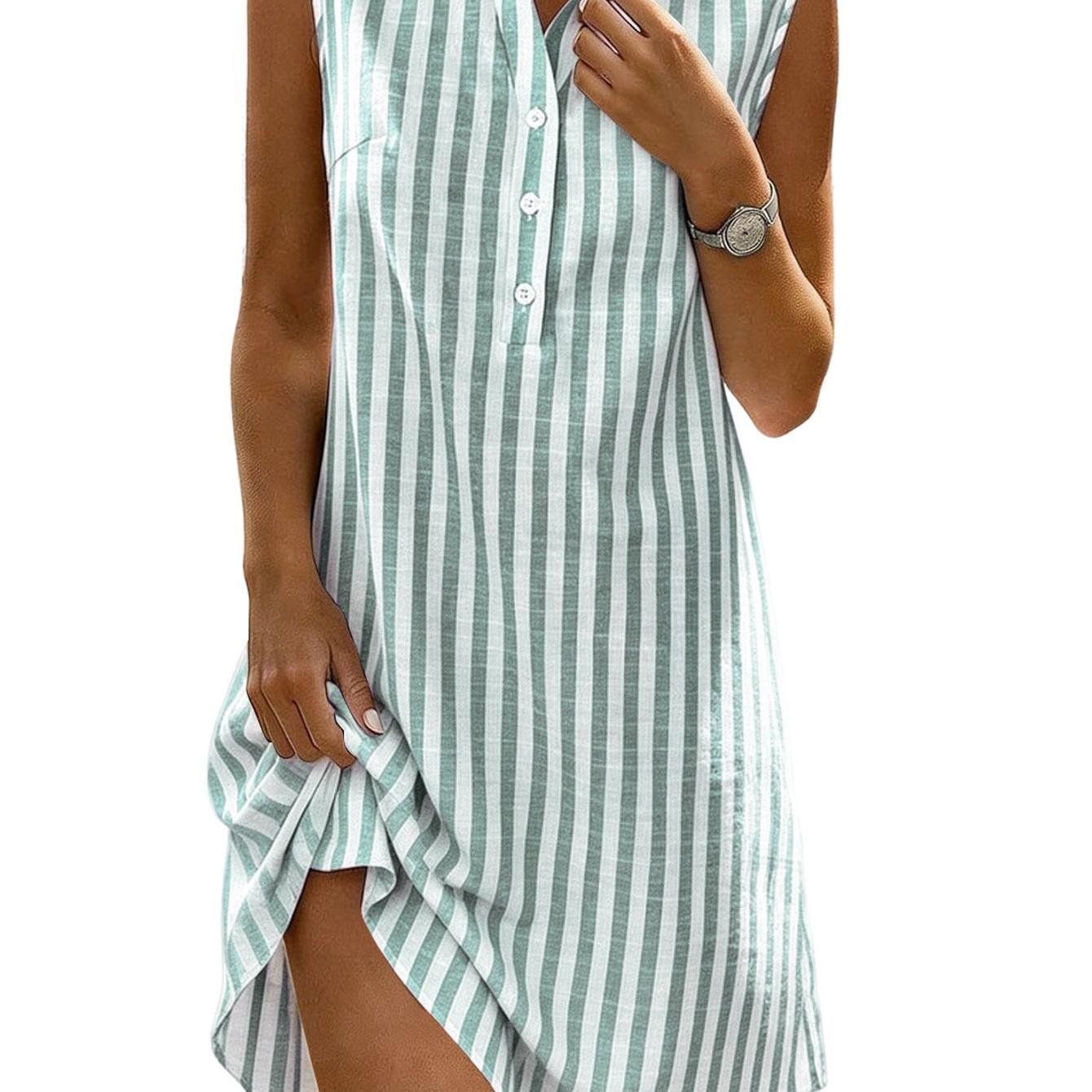 Image of Women's Sleeveless Striped Shirt Dress, V Neck Button A Line Dress, Casual Summer Mini Dress