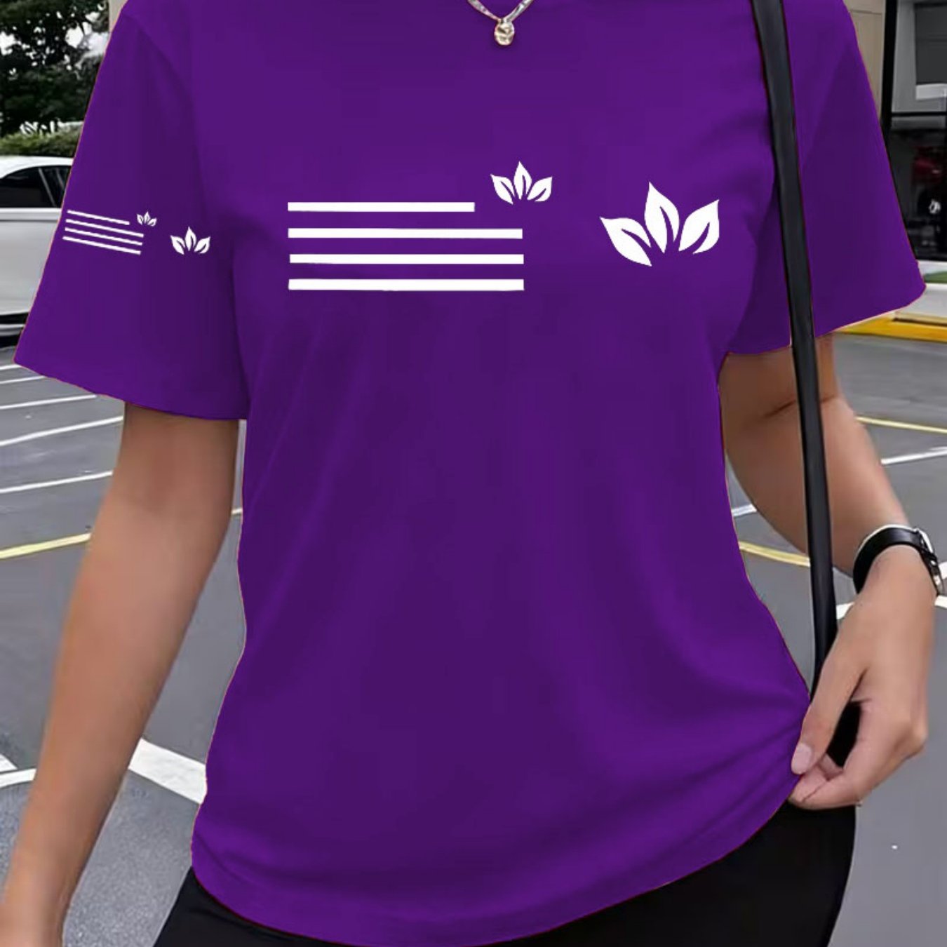 TEMU 4-stripes Floral Print Short Sleeve T-shirt, Casual Short Sleeves Top - Fabric, Summer Comfortable Women Fashion, Soft And Breathable, Casual