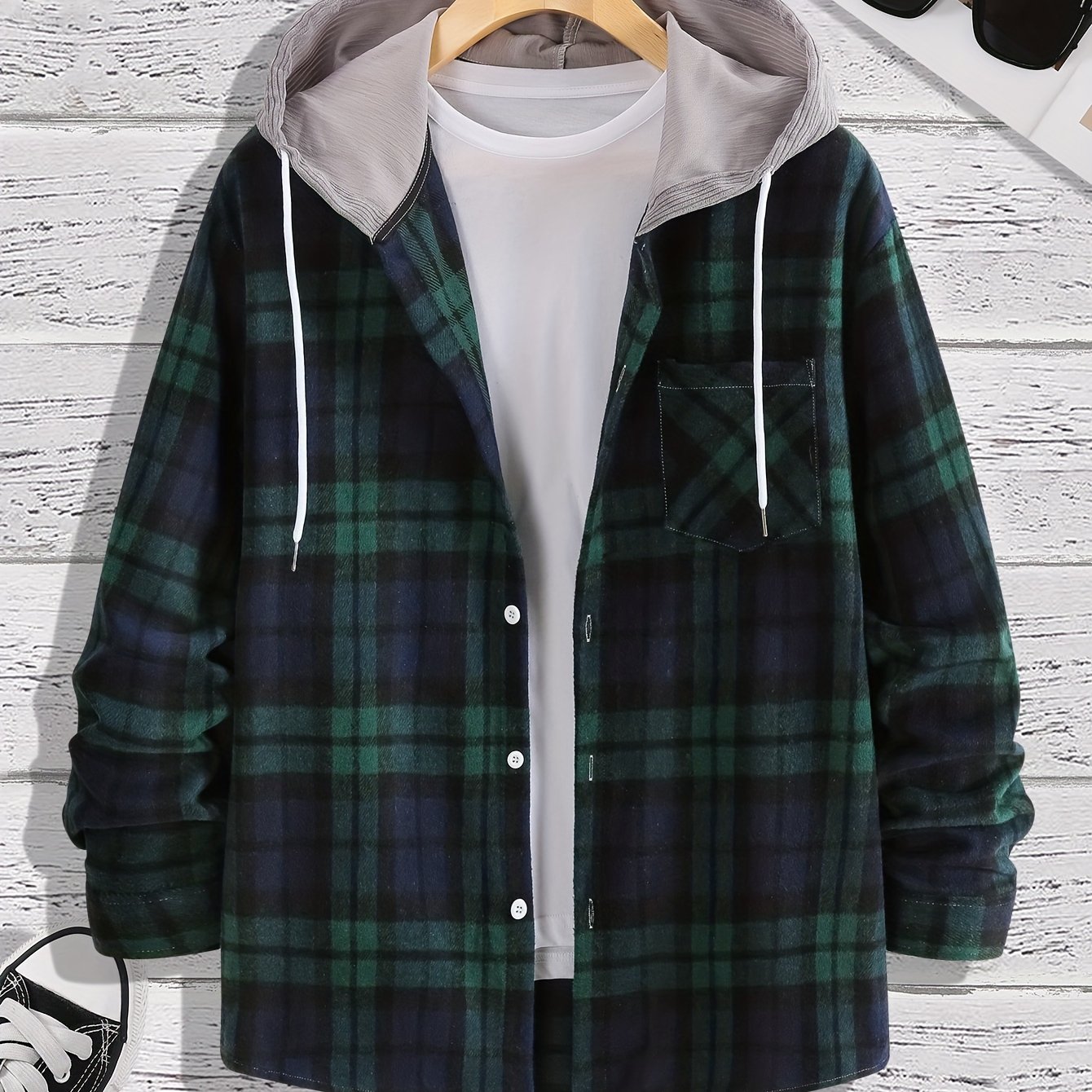 TEMU 秋冬のアウトドアスポーツに最適なトレンディでおしゃれなメンズカジュアルチェック柄ドローフード付きボタンアップコート、で多用途