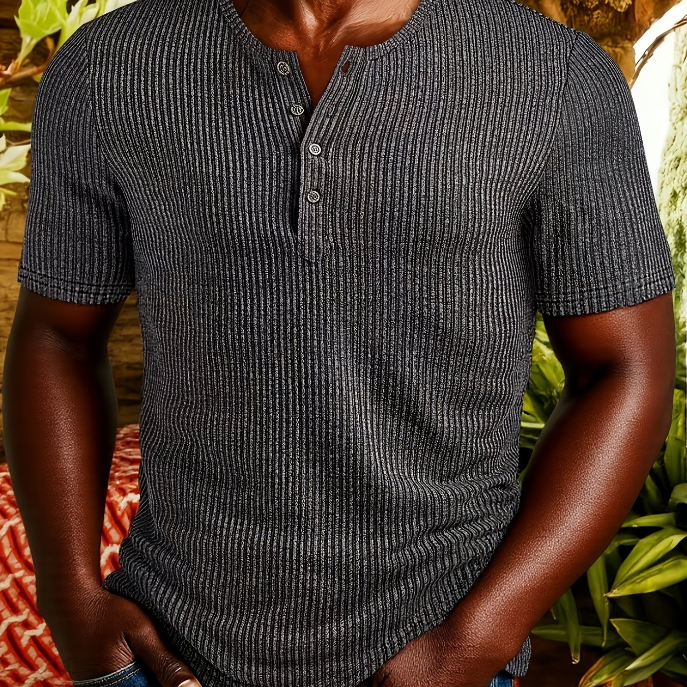 E-shop Herren-Mode-Top, Freizeit-Henley-Shirt für Frühling/Sommer, strukturierter gerippter Stoff, Rundhalsausschnitt, einreihig, Langarm