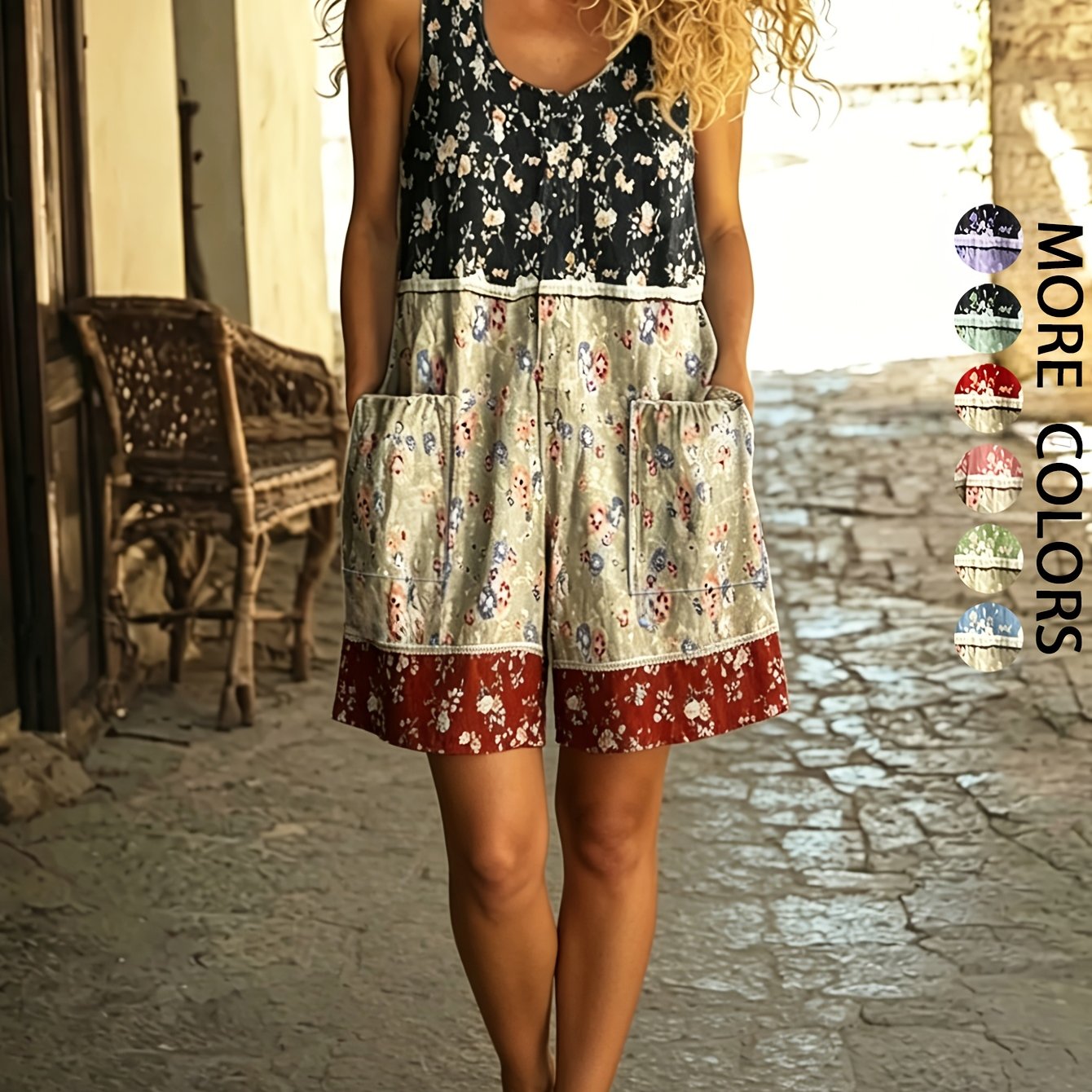 TEMU Women's Summer New French Retro Small Floral Printed Sleeveless Jumpsuit, Elegant One-piece Romper Perfect For Beach Vacation, Countryside