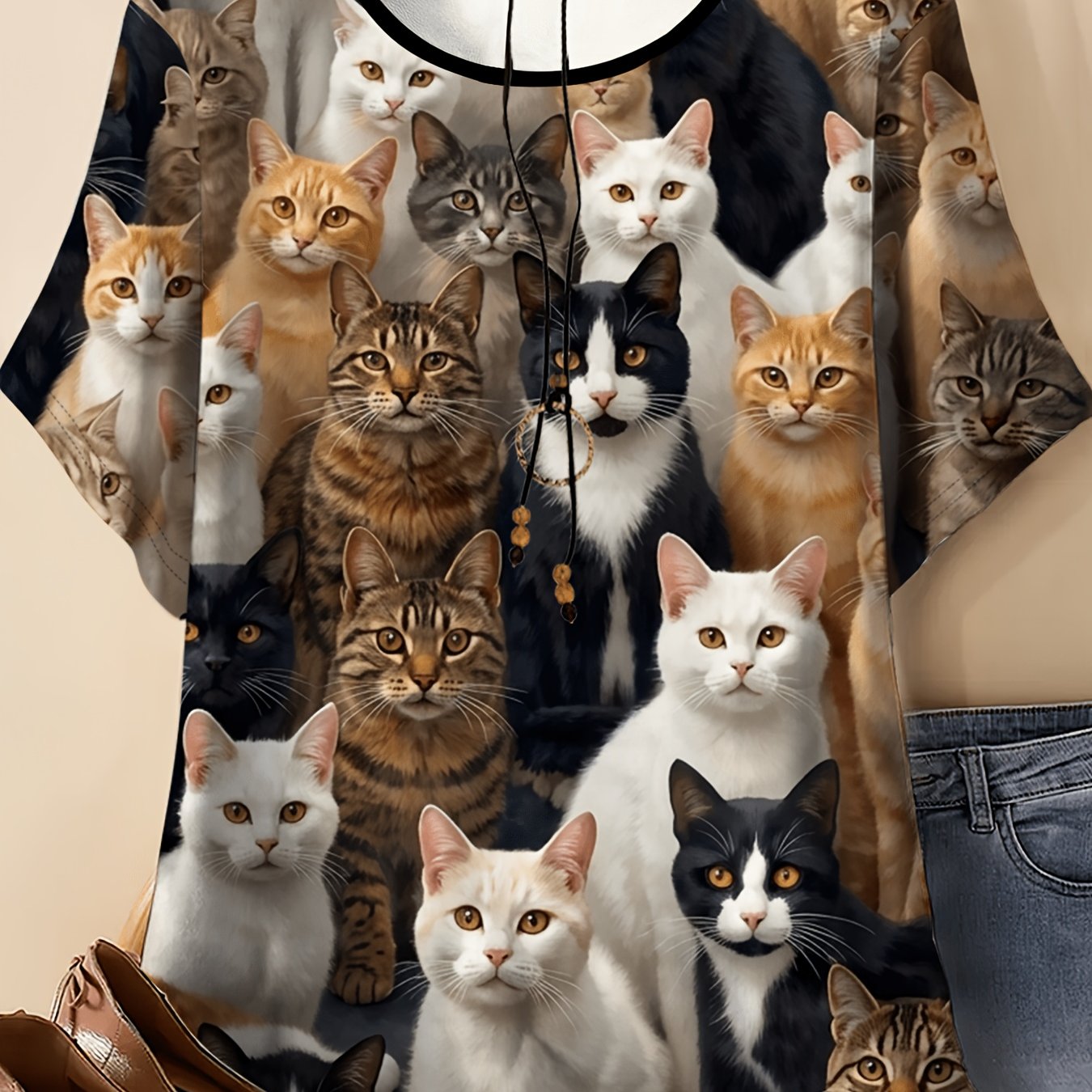 TEMU Plus Size - Plus Size - Plus Size Women's T-shirt, Round Neck Short Sleeve, Multicolor Cat Pattern Print Top, Casual Outdoor Wear, , Stretch