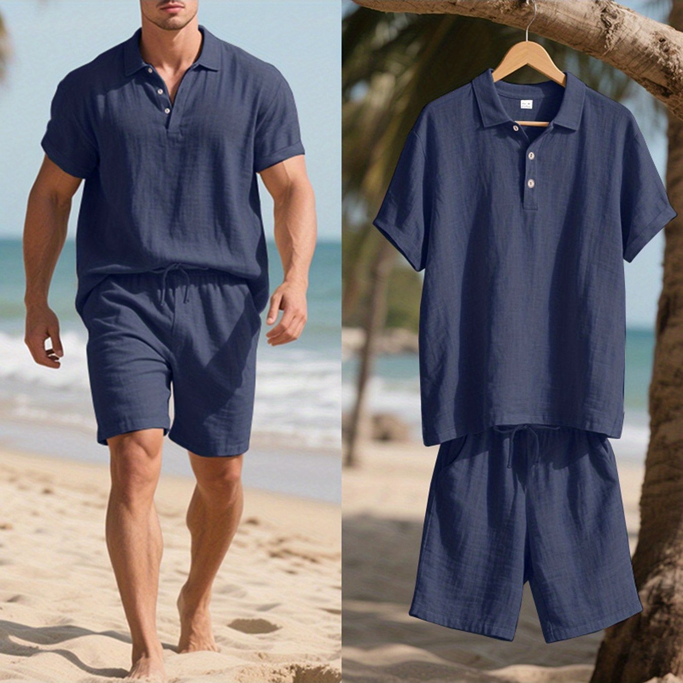 TEMU Men's Linen Shirt And Shorts Set, Casual Beachwear, Breathable Summer Outfit.