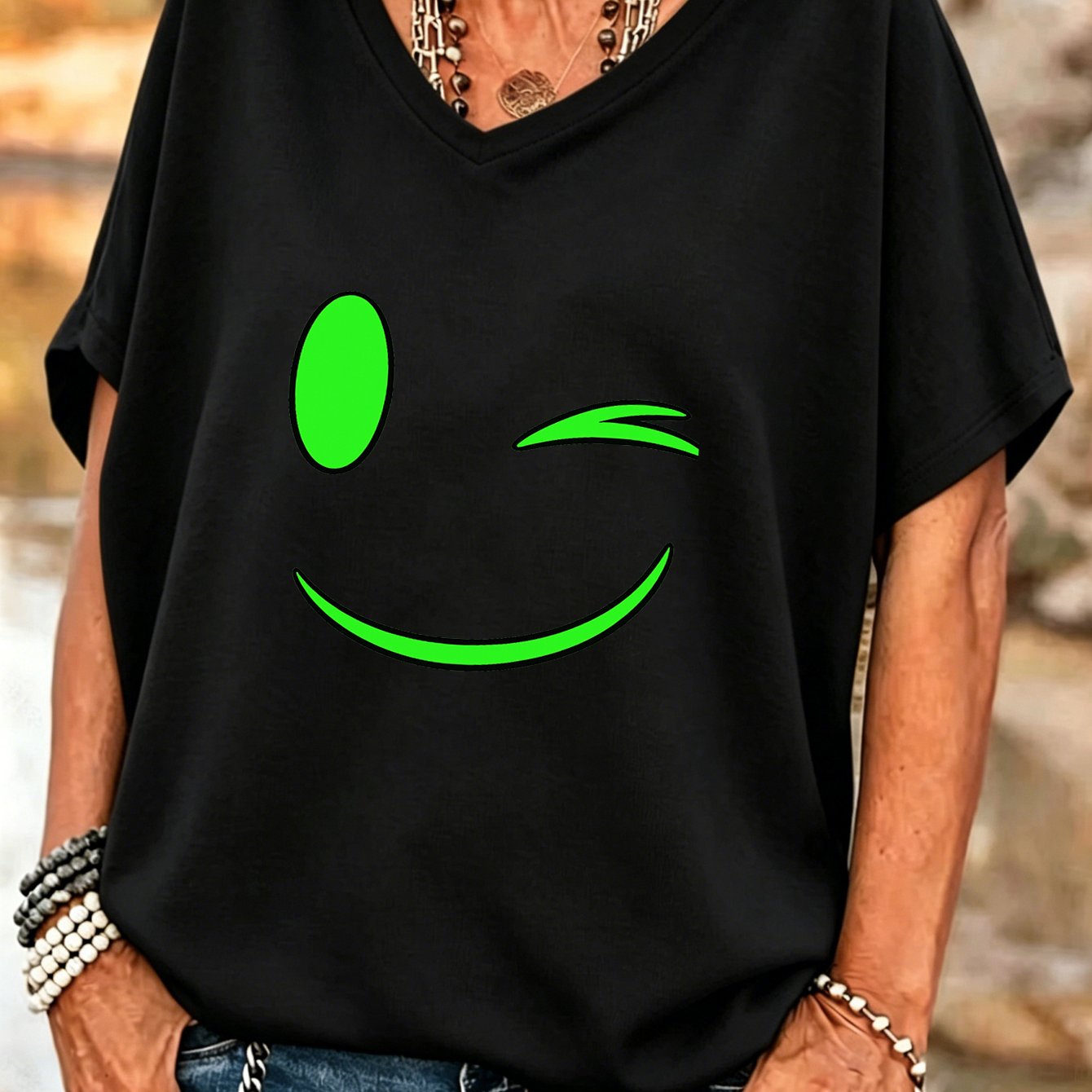 TEMU Plus Size, Women's Plus Size V-neck Batwing Sleeve T-shirt - Oversized -fit Suitable For Body Types, 1xl-8xl, Green Print, Casual Pullover Top,