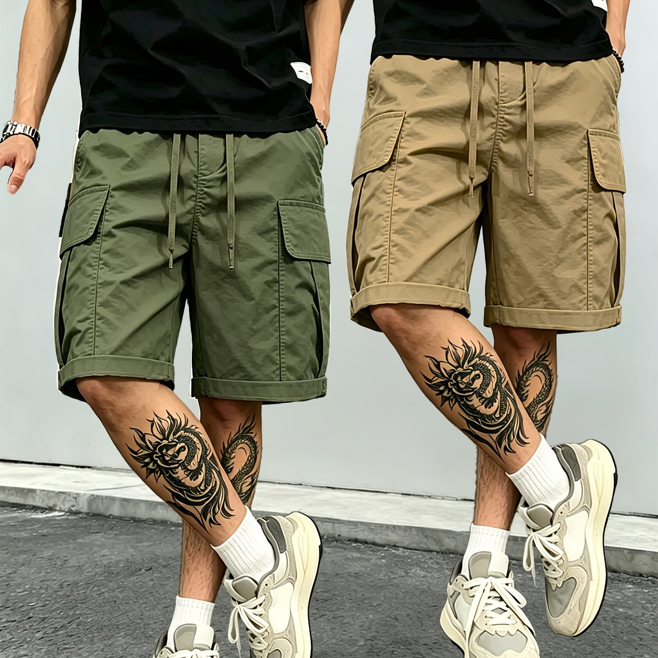 TEMU (2pcs Set) Men's Fashionable Multi-piece Shorts - Solid Color Multi-pocket Casual Trousers - Street Loose Work Pants