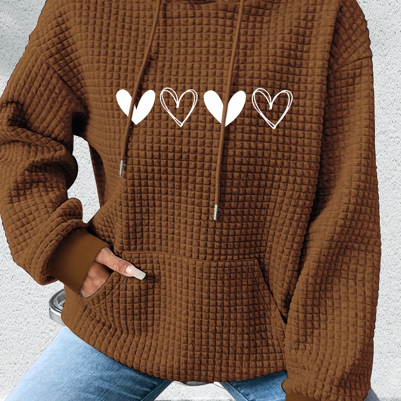 TEMU Women's Casual Waffle Hoodie With Heart Graphic Print, Kangaroo Pocket & Adjustable Drawstring - Cozy Fall Winter Sweatshirt, Machine Washable,