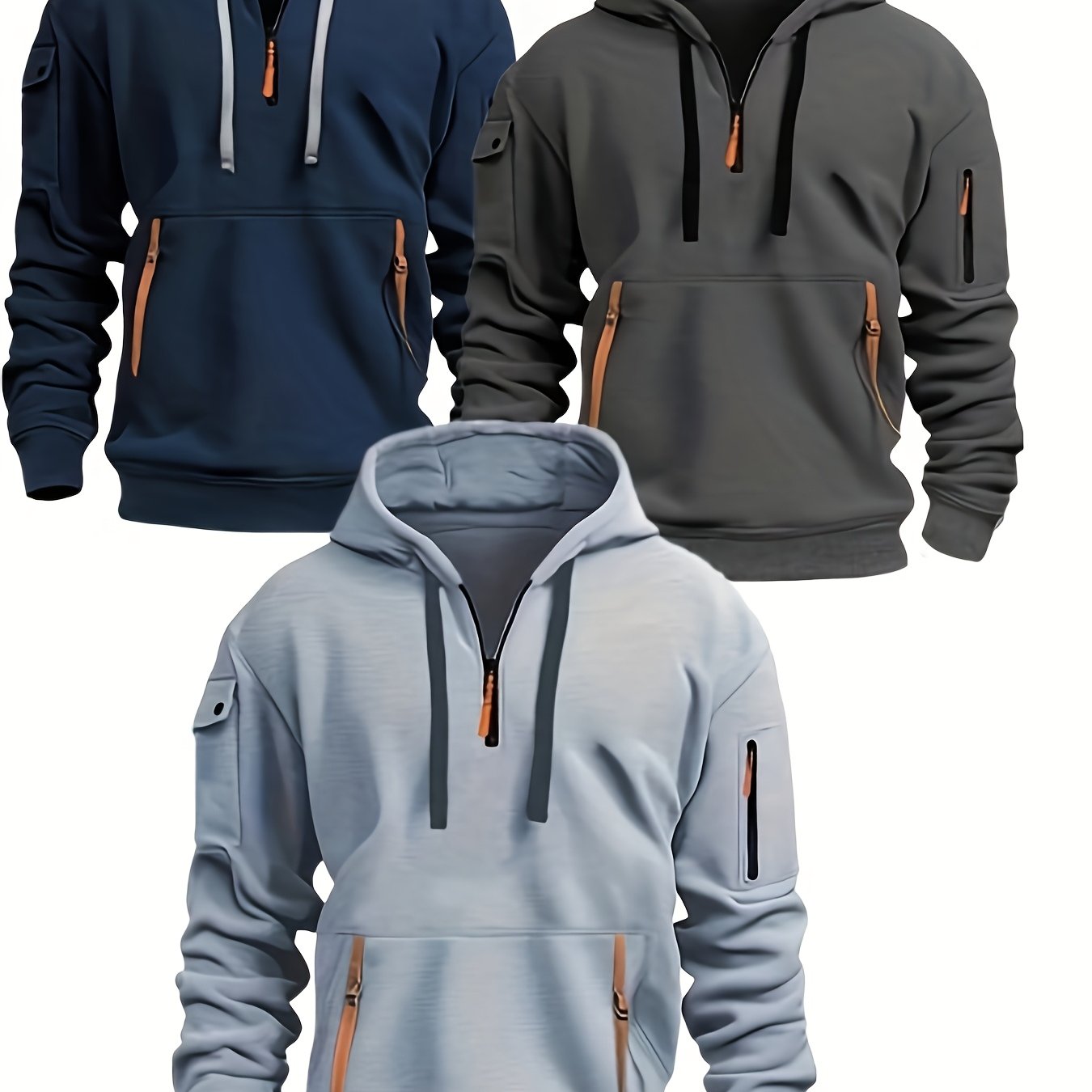 TEMU 3pcs Men's Long Sleeve Hooded Sweatshirts - Solid Color With Neon Accents, 1/4 Zipper & Kangaroo Pocket, Adjustable Drawstring Hood, Machine