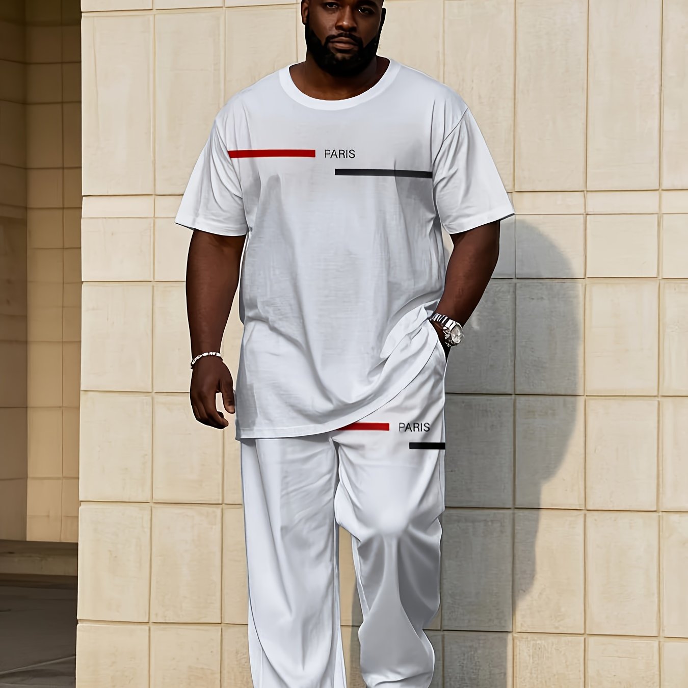 Men's Casual Sports Suit, Simple White Short Sleeved+matching Pants, Contrasting "paris" Print, Loose Fit, Comfortable And Trendy, For Trendy Men's Outfits, Plus Size