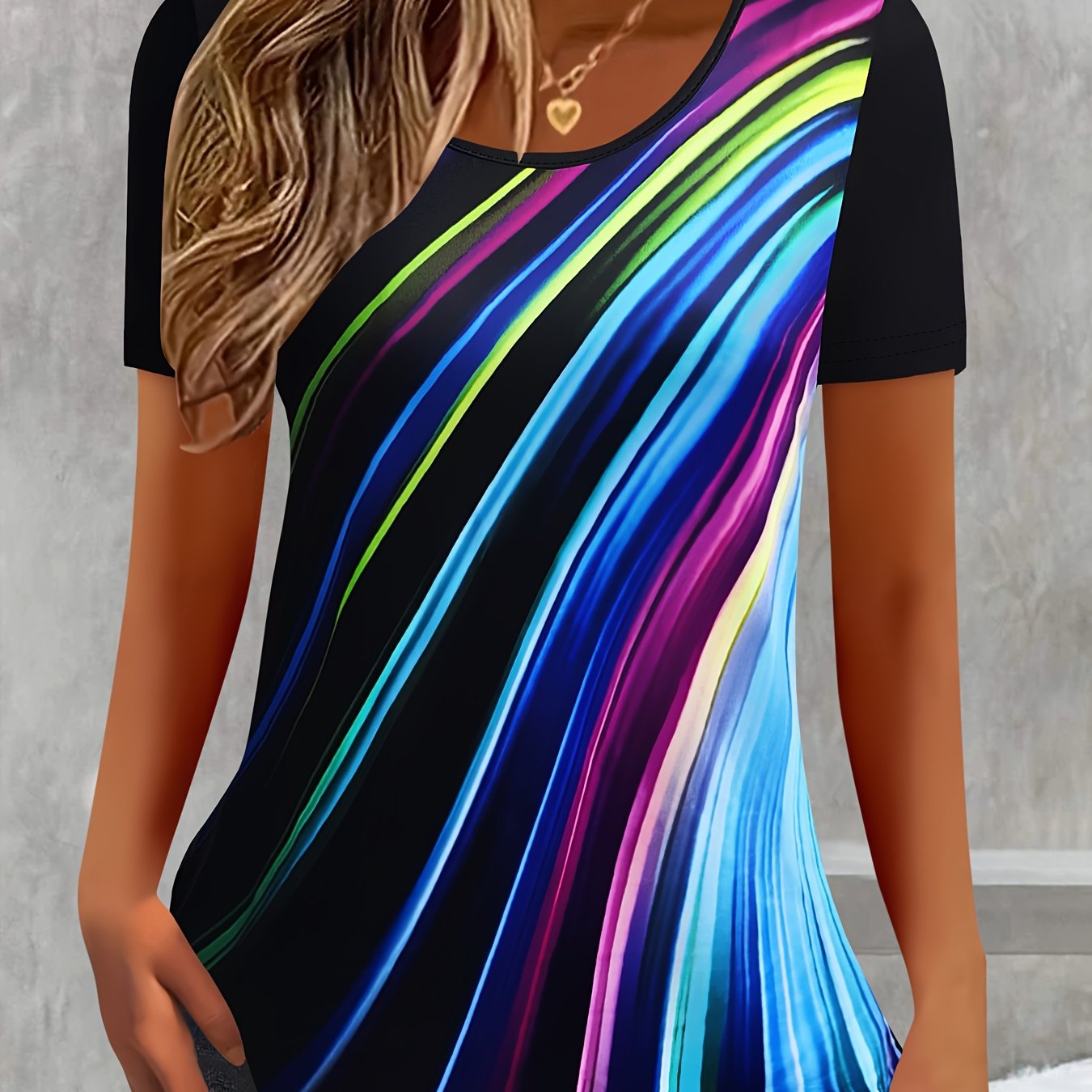 Summer Women's Fashion Gradient Color Printed Short Sleeve T-shirt Round Neck Loose Casual Top Women's Clothing