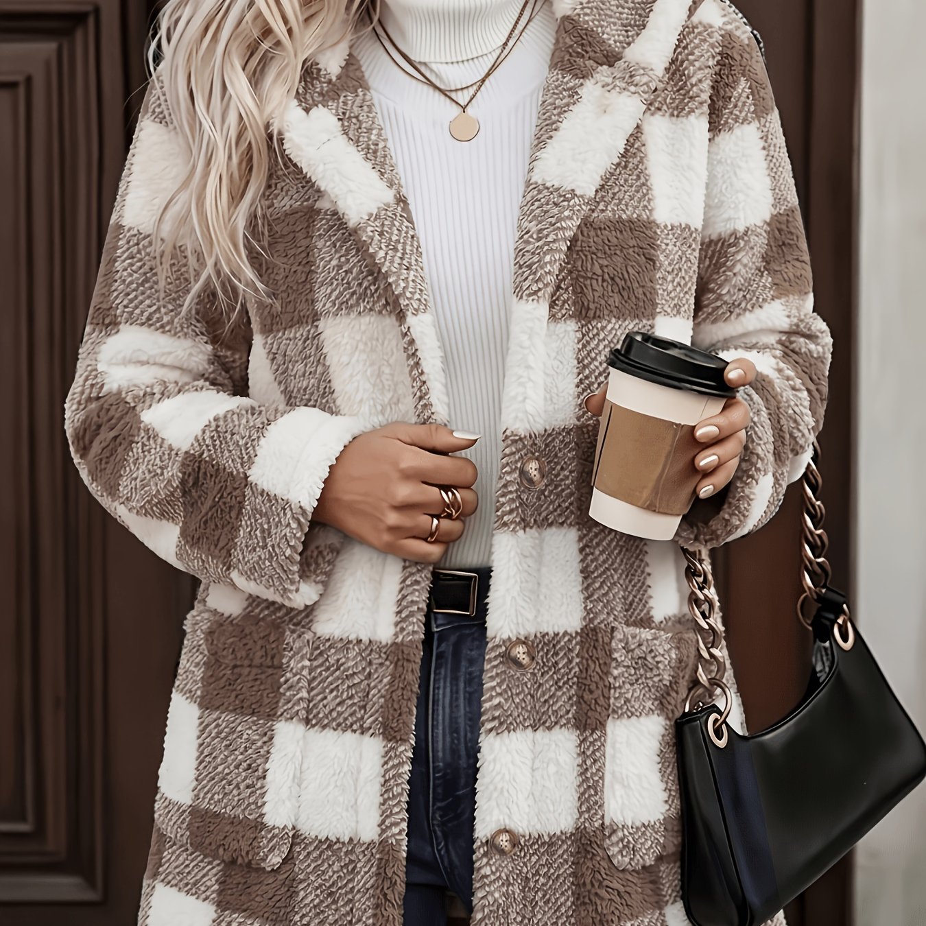 TEMU Women's Elegant Jacket With Plaid Print - Double-sided, Hooded Button Front Closure & Pockets, Mid-length Suitable For Autumn/winter Outerwear,