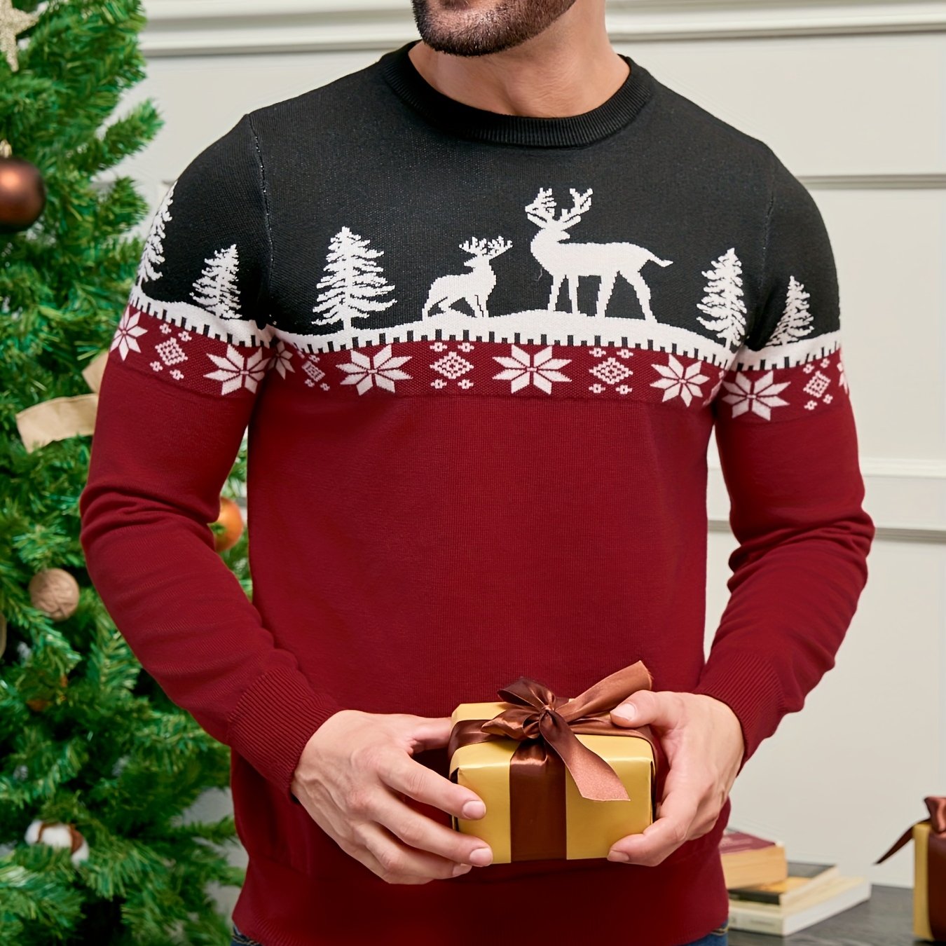 Men's Crew Neck Knit Sweater, Long Sleeve, Three-color Christmas Element Pullover, Slim Fit Sweater