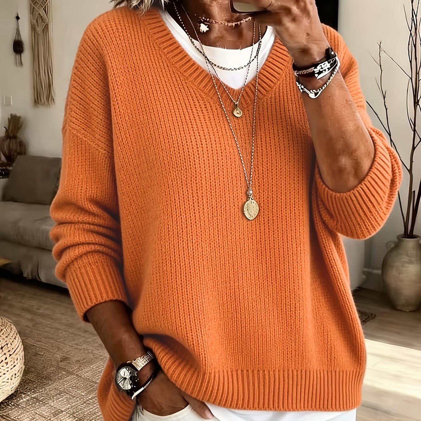 TEMU Pull Femme Grande Taille Couleur Unie Col Bateau Manches Longues Décontracté Épaules Tombantes Haut d'Été et d'Automne