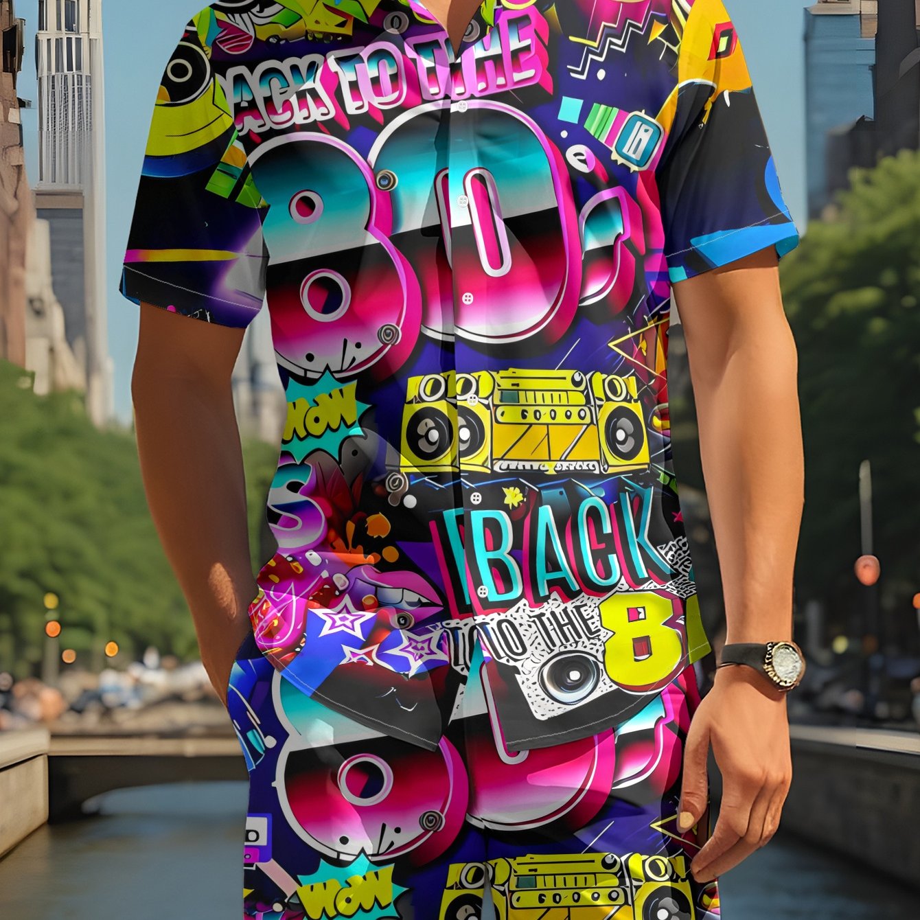 TEMU Men's Vintage 80s Style Short Sleeve Shirt And Shorts Set, Trendy Streetwear Print, Casual Menswear