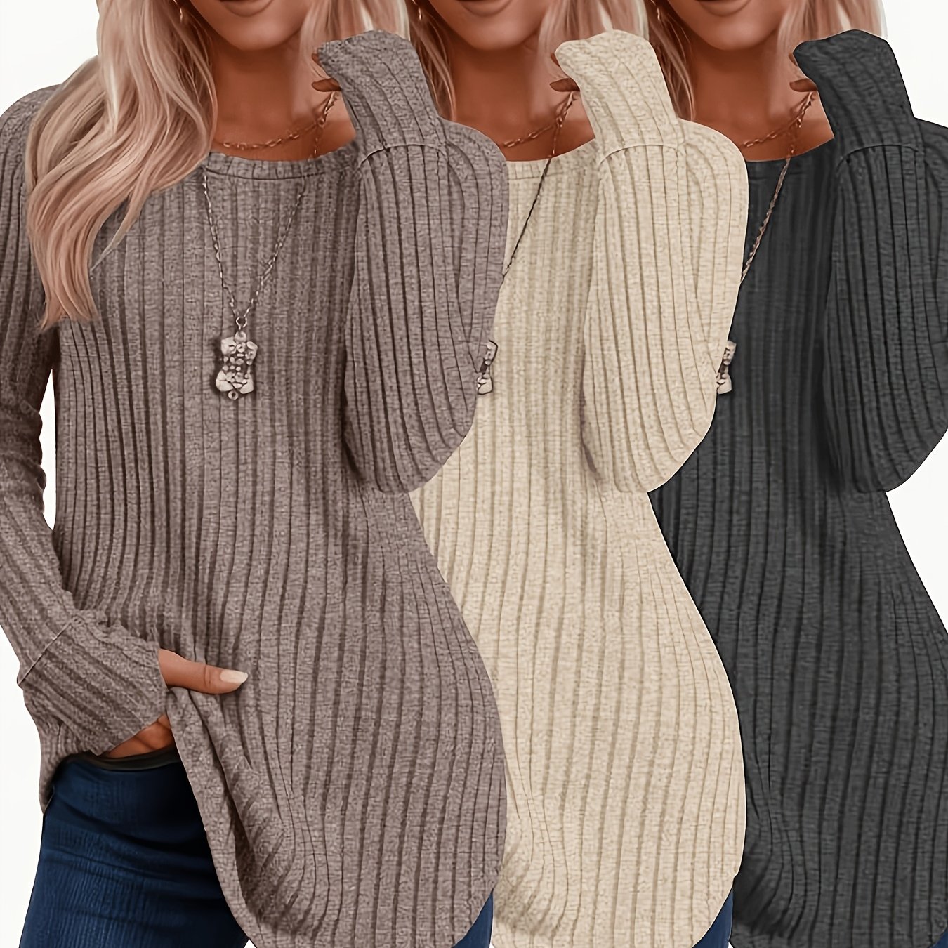 TEMU 3pcs Set, Women's Fashion Spring/autumn New Women's Clothing, Solid Color No Print, Ribbed Round Neck Long Sleeve, Loose Casual All-match Top