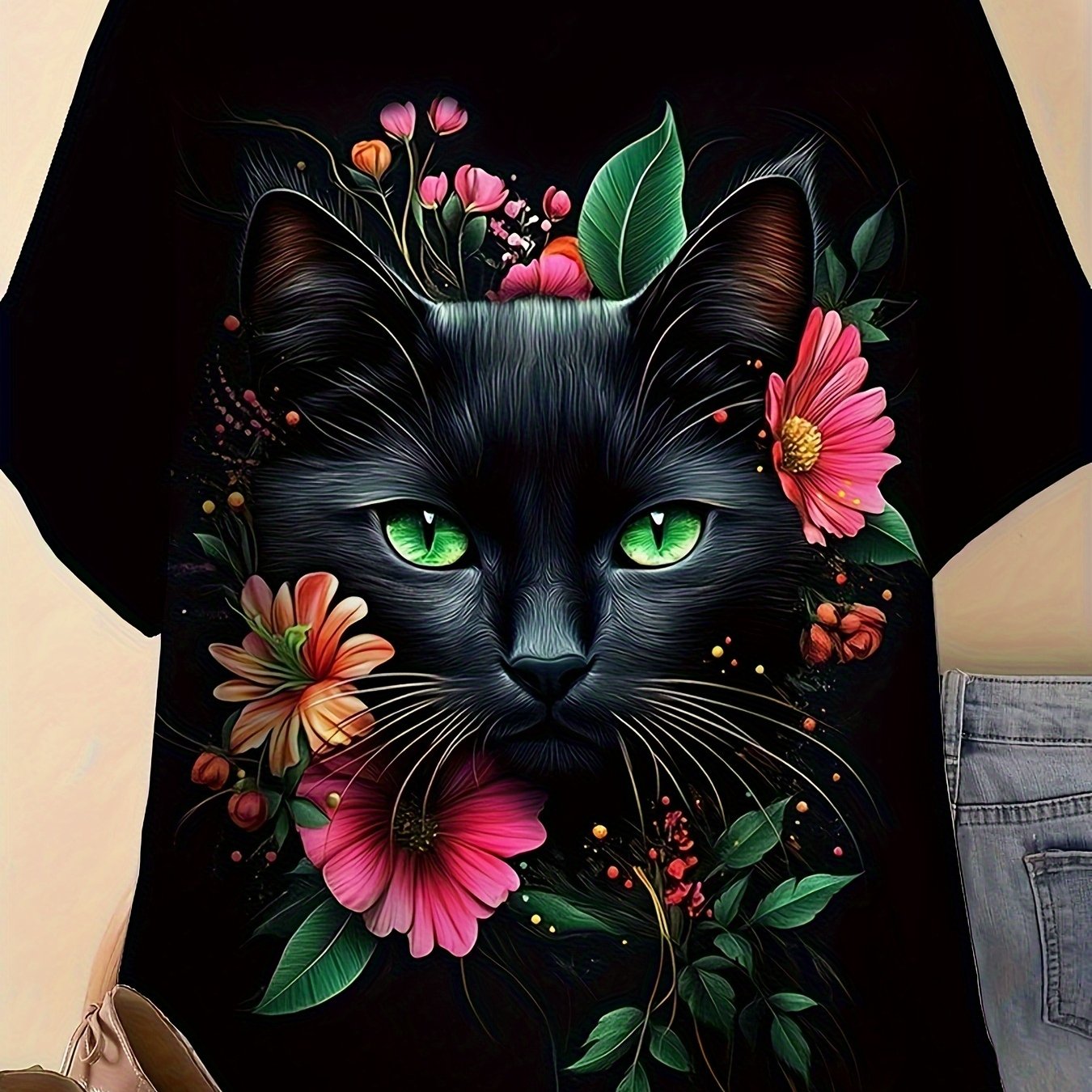 TEMU Women's Floral Cat Print Short-sleeve T-shirt - 100% Stretchy Round Neck Summer Top, Vibrant Cartoon Design, Machine Washable Casual Tee For