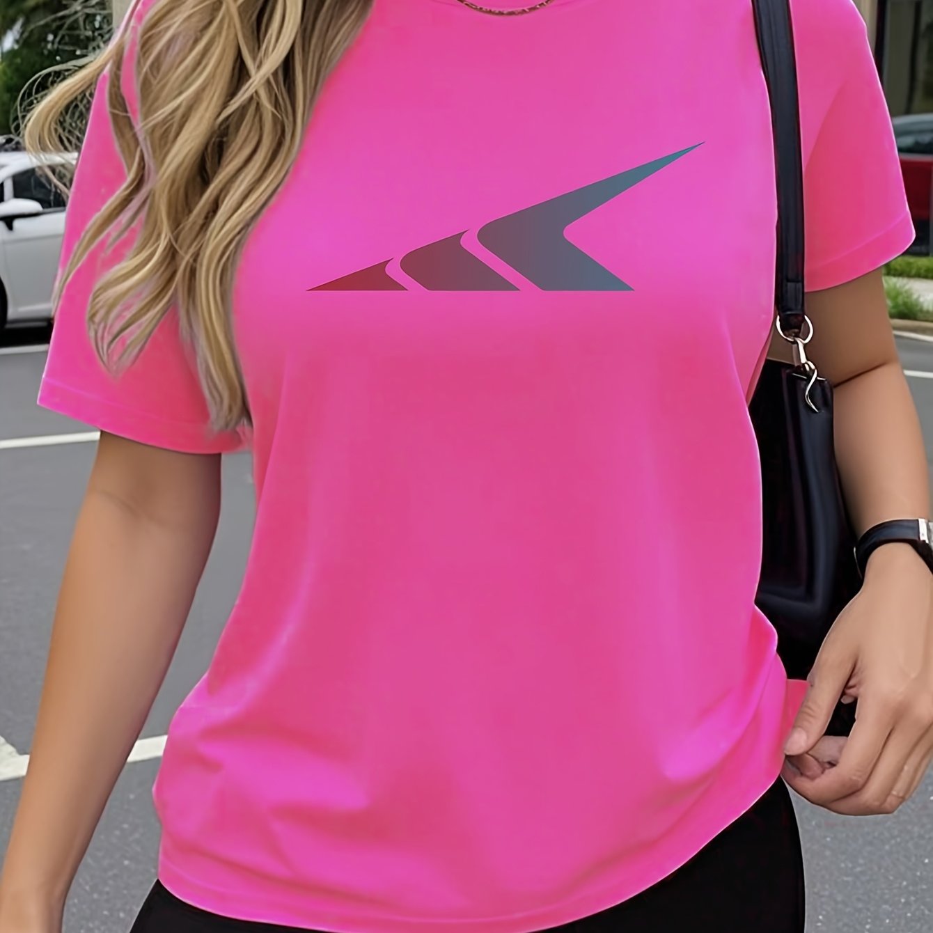 TEMU Single-piece Women's Short-sleeve T-shirt, Featuring Geometric Pattern Designs, Trendy Fun Popular Print Patterns, Breathable Stretch Round-neck