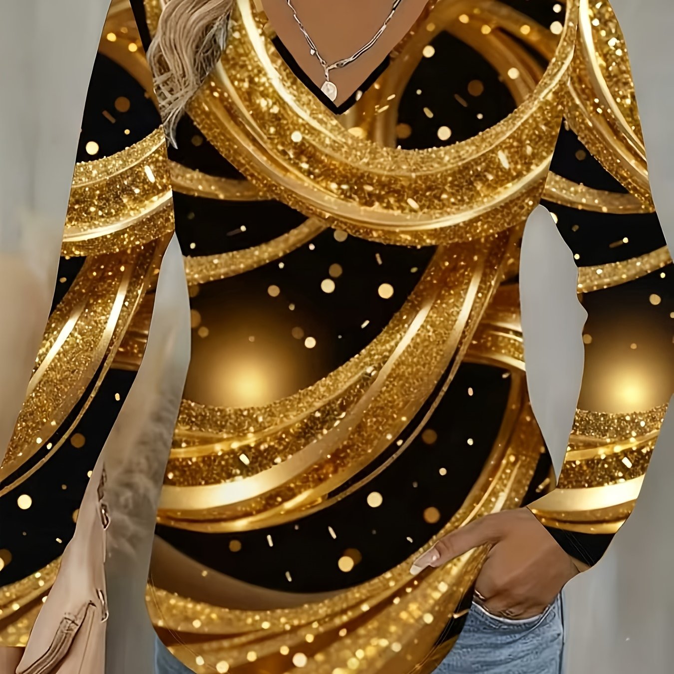Image of Women's Elegant Golden Floral Beaded V-neck Long Sleeve T-shirt, Print Shirt With Beaded Accents, Fabric