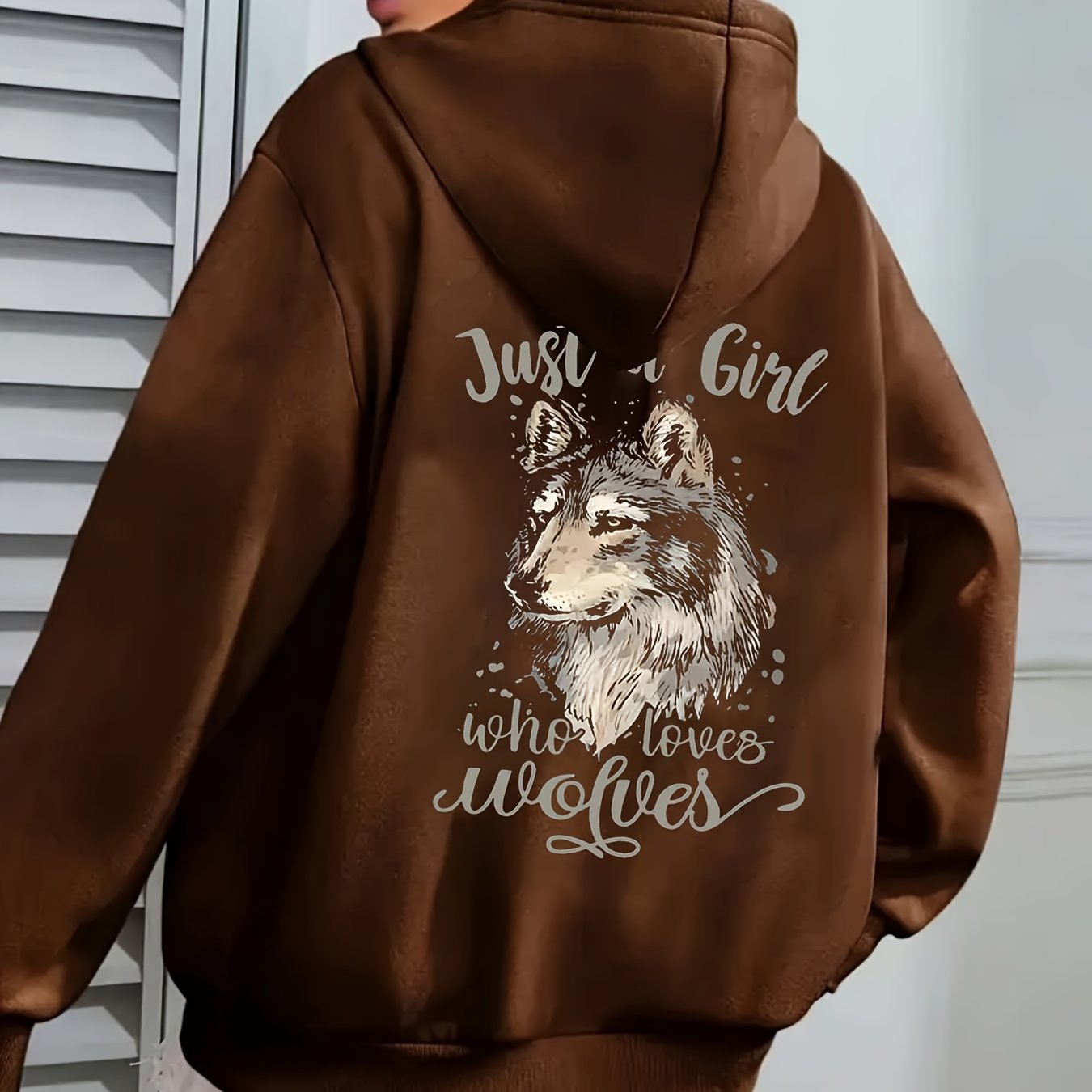 TEMU Wolf Head Pattern Just A Who Wolves Text 2025 Fashion Hooded Fleece Sweatshirt