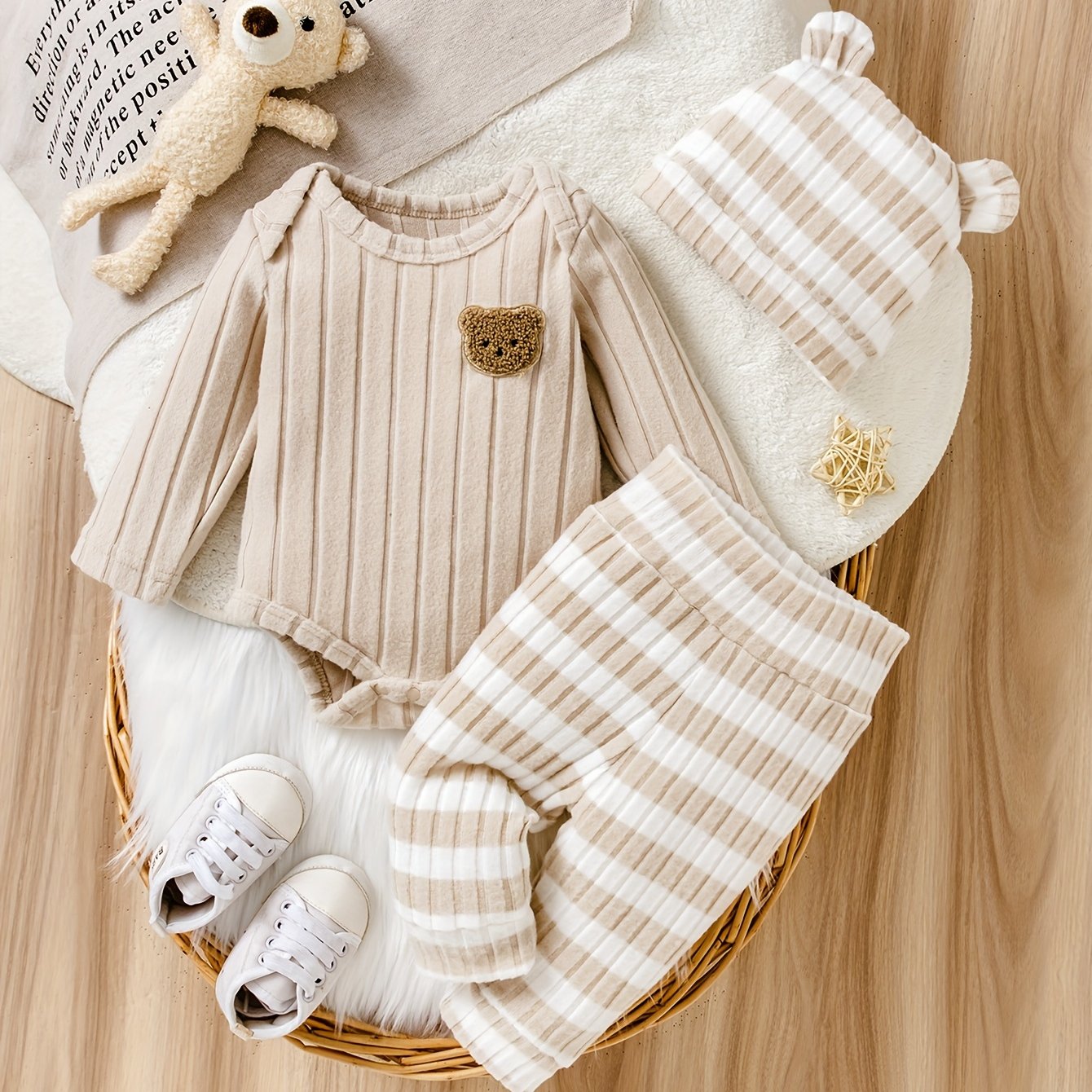 Image of 3-piece Set For Boys And Girls: New Autumn/winter Style With Vertical Ribbed Crew Neck, Cute Bear Patch Long-sleeve Romper + Striped Pants + Hat, Casual And Fashionable Outfit, Perfect For Outdoor