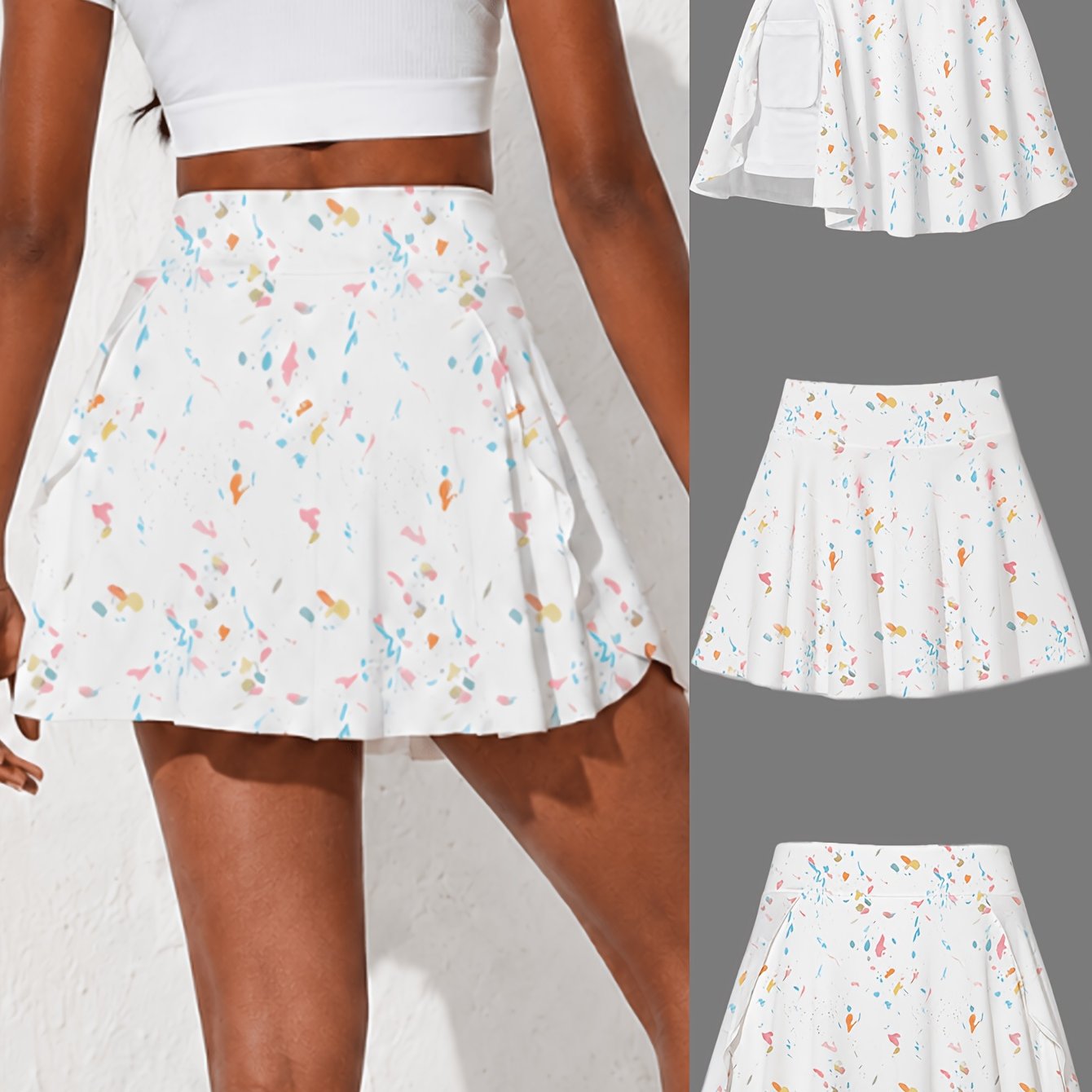 Image of High-waist Athletic Shorts Skirt, Splatter Print, Black Splatter Slimming Leg-lengthening Half Skirt