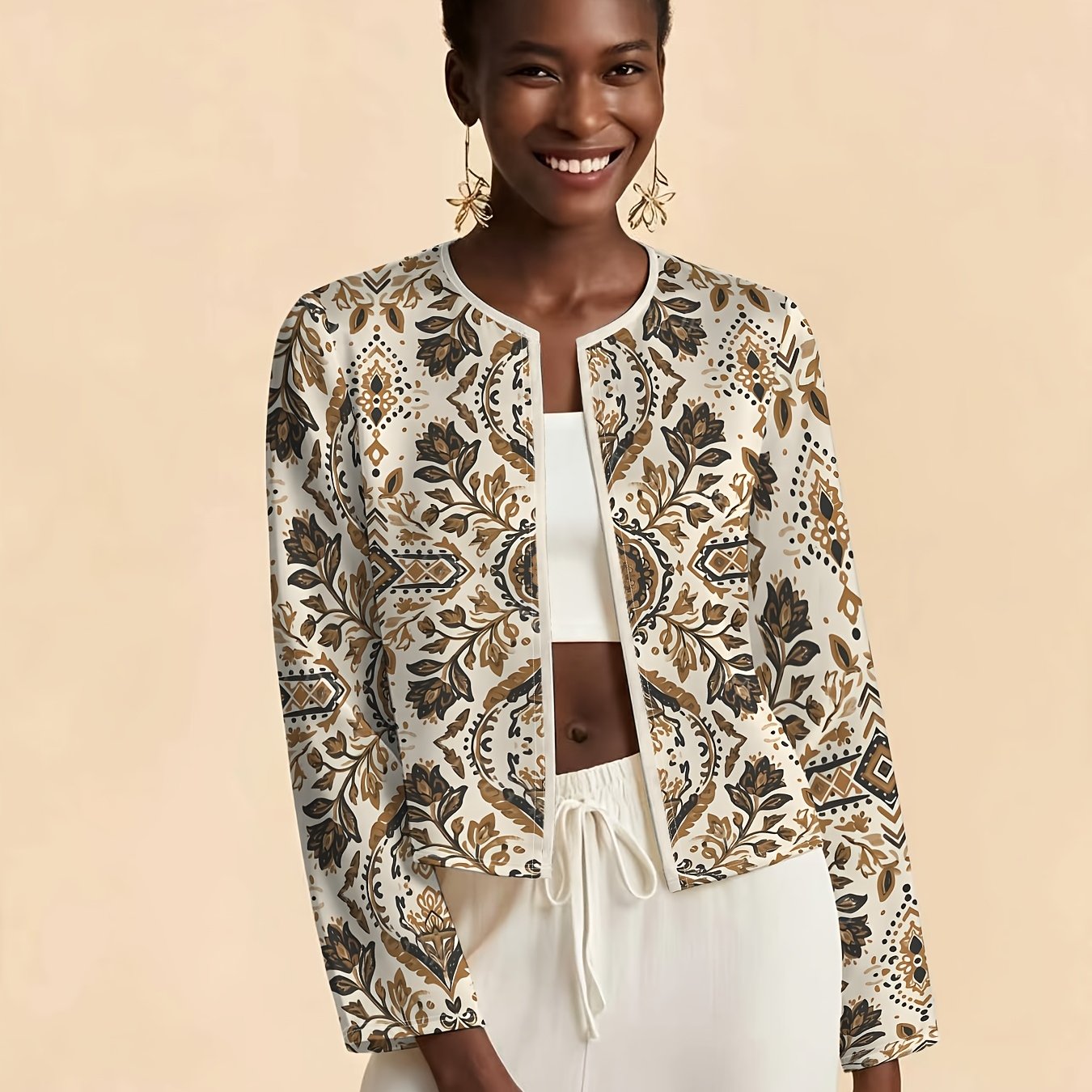 TEMU Women's Vintage Baroque Short Jacket - Beige-camel Blazer With Full-body Ethnic Floral Print, Round Neck Long Sleeve Cardigan, Machine Washable