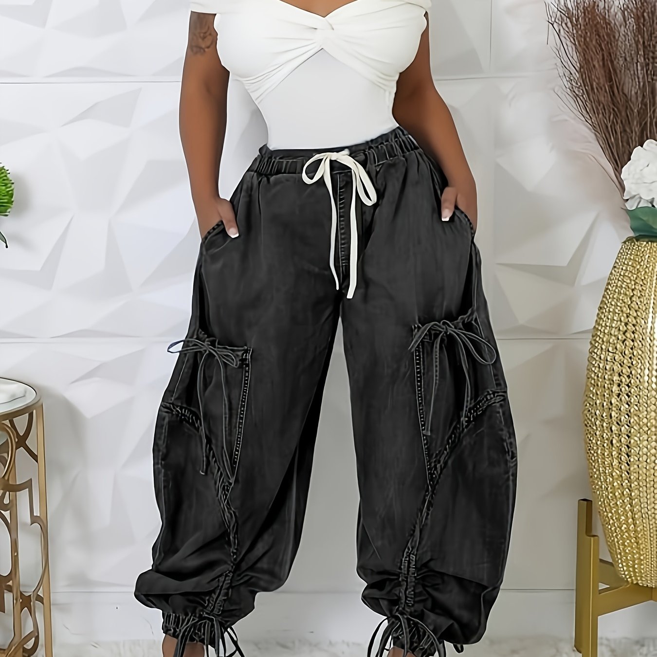 Image of Retro Western Style Heavyweight Women's Jeans, Lantern-shaped Flared Jeans With A Sexy, Loose Fit, Mid-rise Straight-leg Design, Elastic-free Waistband With Drawstring, And Hem