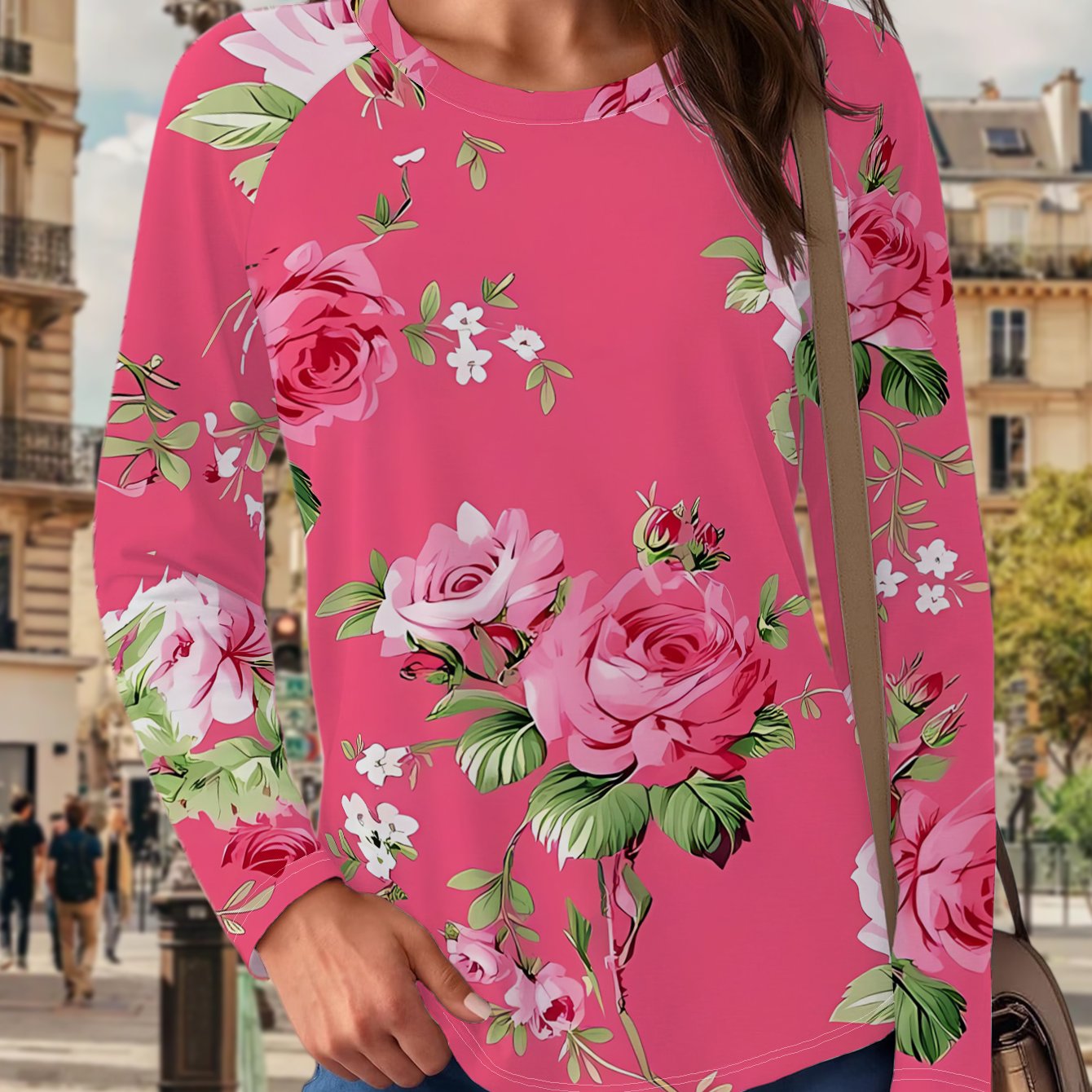 TEMU New Women's Casual Long-sleeve T-shirt In Rose Red With Pink Rose Floral Print, Elegant And Romantic Design, Versatile For Holiday Parties And