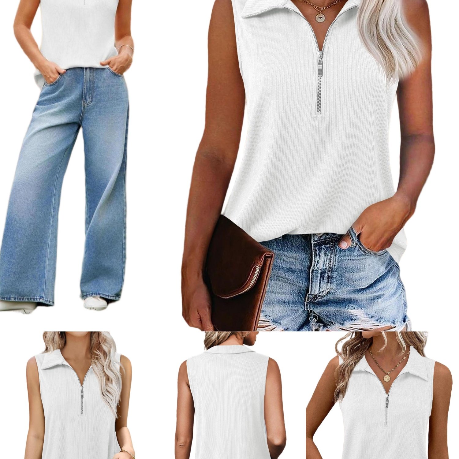 Image of Zipper V Neck Ribbed Sleeveless Blouses Women Loose Business Chic Summer Daily Outfit Tops