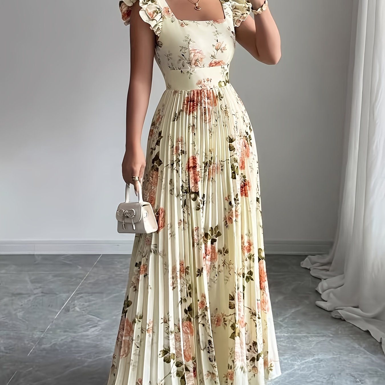 TEMU Women's Summer Square-neck Floral Printed Pleated Maxi Dress, Perfect For Elegant Vacations, Dates, And Parties