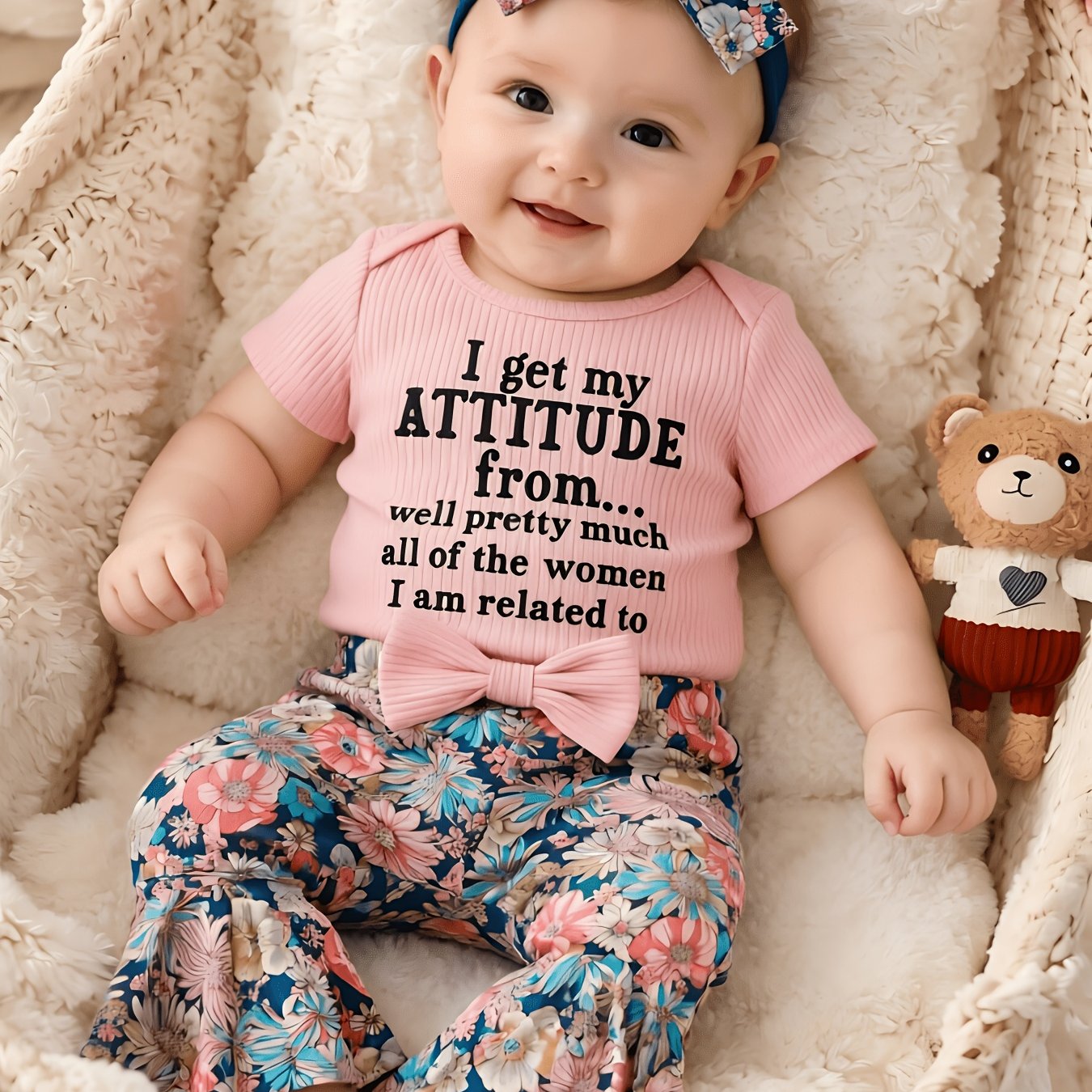 TEMU Infant Girls 3pcs Attitude Floral Outfit, Pink Ribbed Short Sleeve Romper With Sassy Letter Print, Retro Floral Flare Pants With Bow Detail,