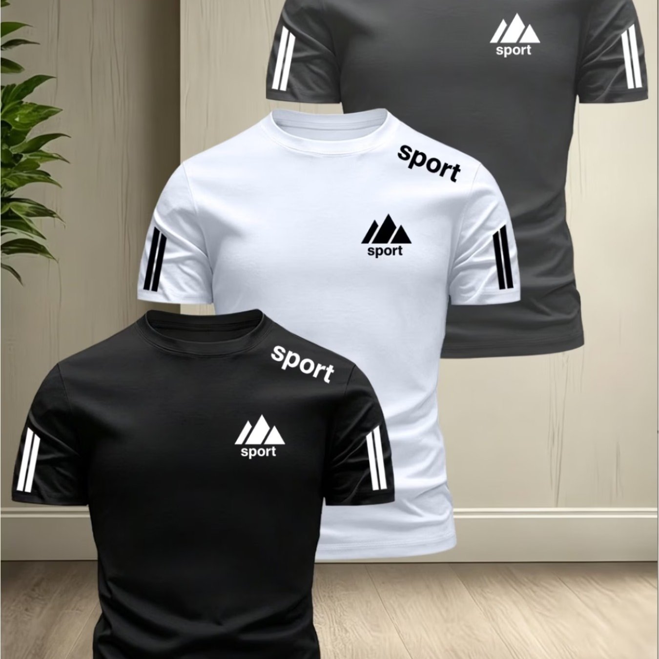 TEMU Men' Mountain Athletic Style Short Sleeve 3pcs Set, Summer Lightweight Breathable Crew Neck T-shirt, Fitness And Casual Top