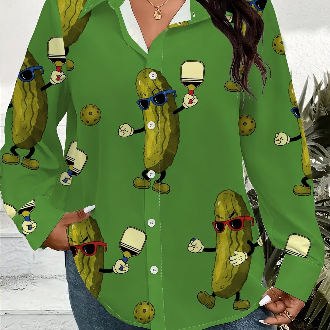 TEMU Plus Size Women's Shirt Cardigan Loose Casual Long Sleeve Lapel Single Breasted Top Cartoon Cucumber Print Work Office Daily Wear 1xl To 9xl