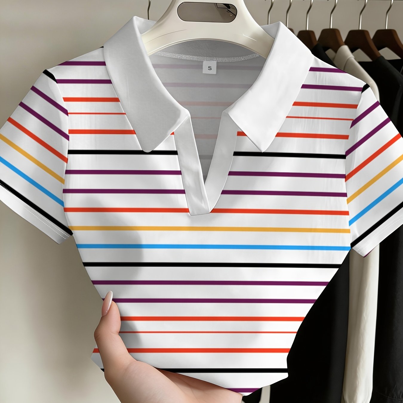 TEMU Polo à manches courtes à rayures colorées pour femme, haut décontracté tendance, se marie avec tout, nouveau pour l'été, design respirant et