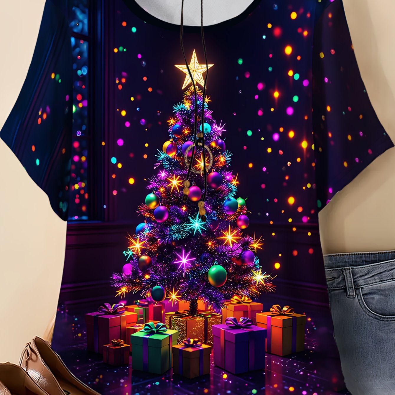 TEMU Plus Size Women's Round Neck T-shirt With Vibrant Christmas Tree Gift Pattern, Style, Lightweight Smooth Breathable Fabric, Loose And Fit, And