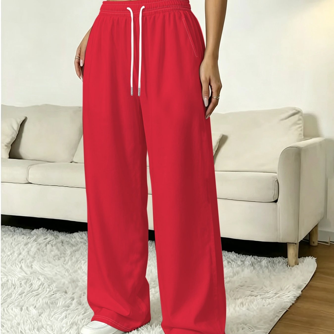 TEMU Women's Wide-leg Jogger Pants With Elastic Waist & Drawstring - Straight-leg Trousers Suitable For Casual Outfits, Floor-length Pants For Daily