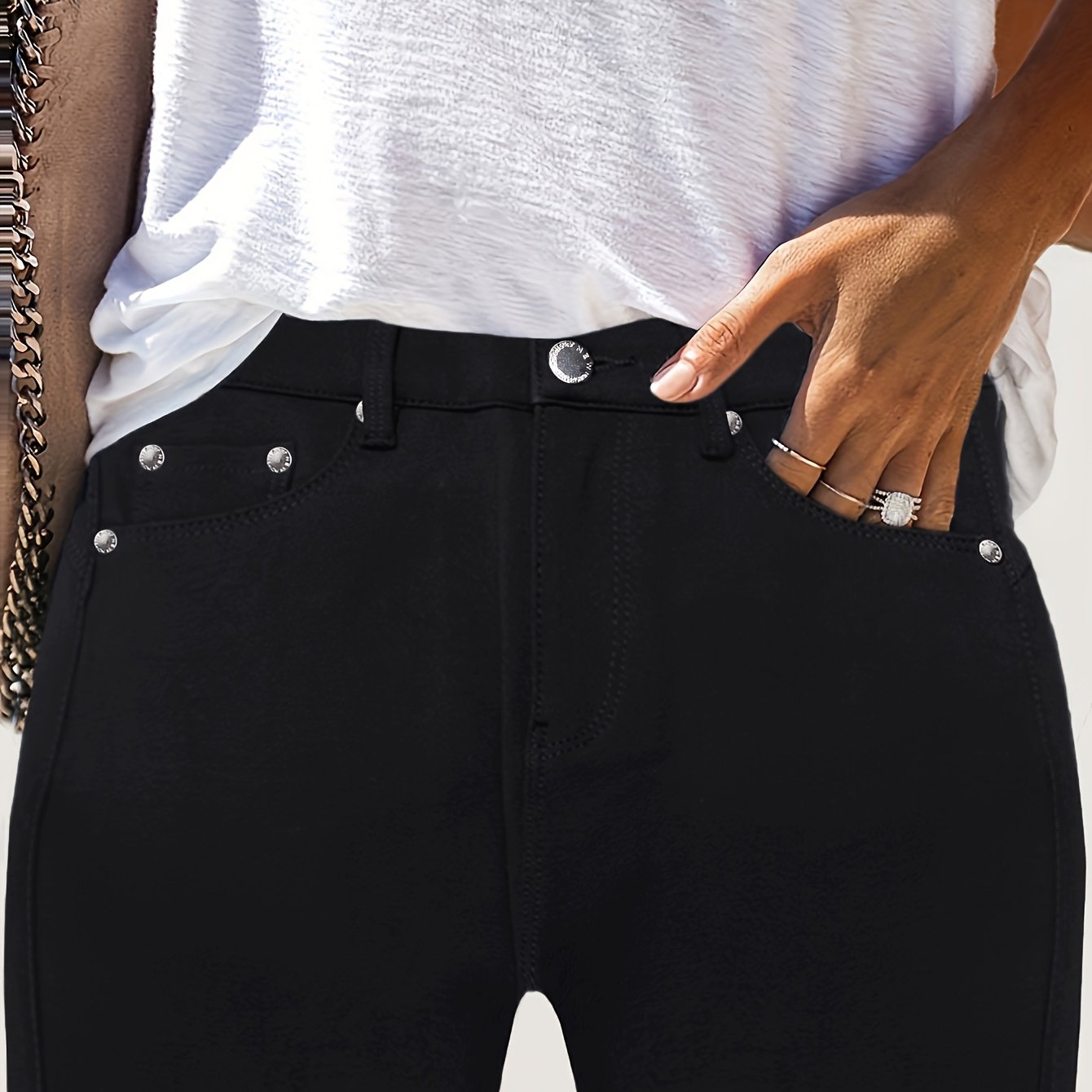 Image of Women's High Waist Tight Denim Pants, Stretch Casual Pants, Metal Details, Fashionable Slim Fit And Casual Pants, Machine Washable, Never Fading, For Daily Weardenim